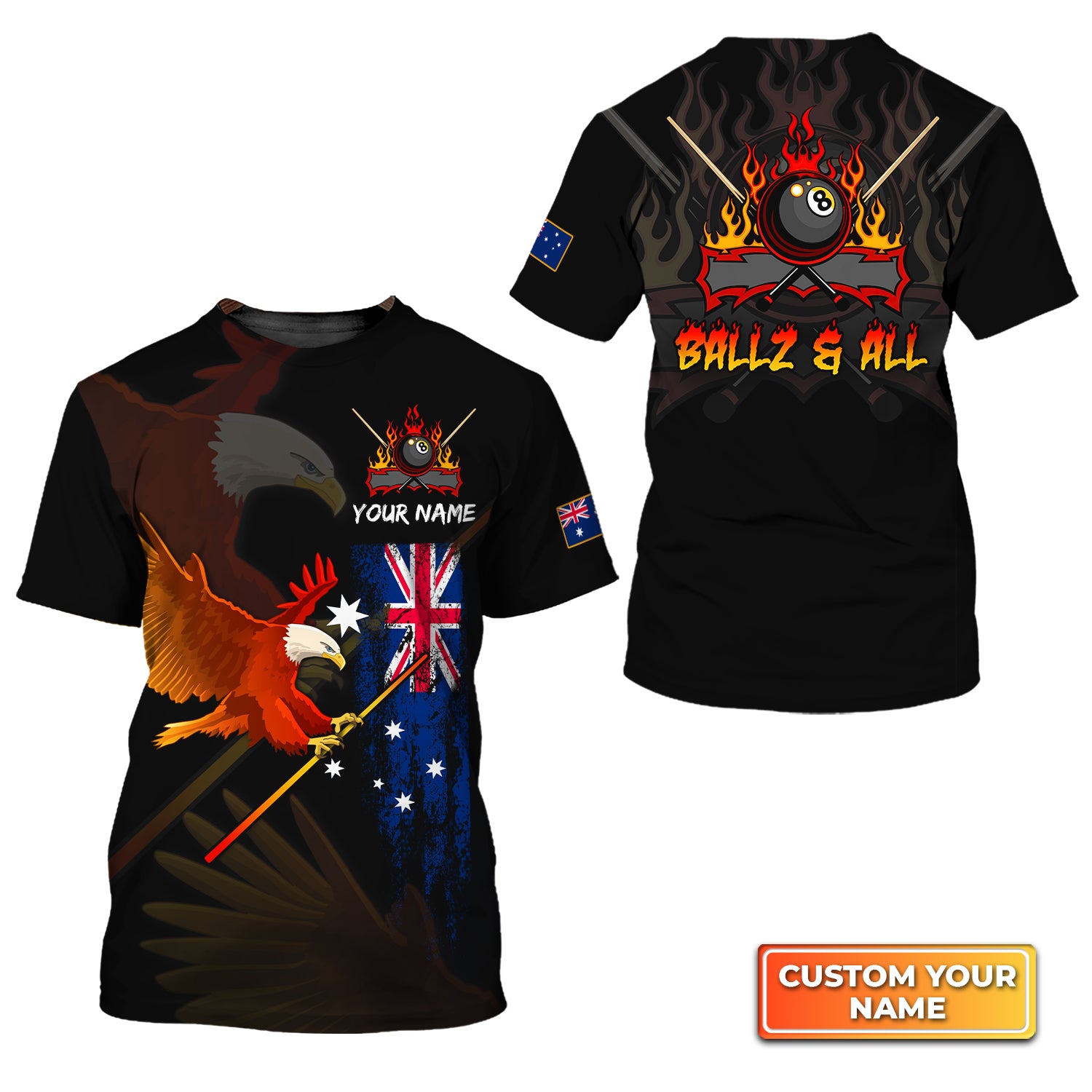 Eagle BALLZ & ALL Team Bones 8 Ball Australia Flag Billiards Personalized Name 3D Tshirt Gift For Billiard Players QB95