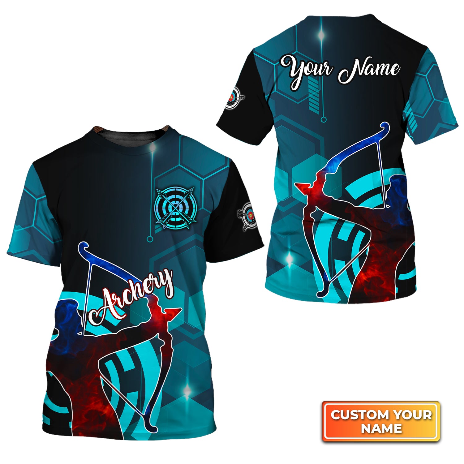 Archery Watercolor Short Sleeve Shirts Personalized Name 3D Target Bow T-Shirt QB95 Gift For Archer Sport Lovers