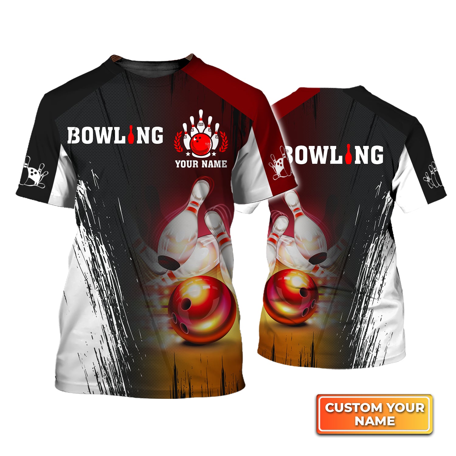 Red Bowling Ball Crashing Pins Personalized Name 3D Tshirt QB95