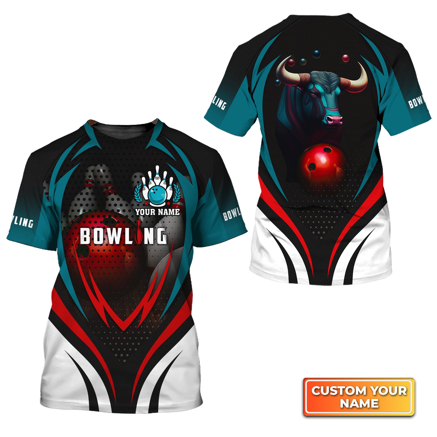 Bull Bowling Team With Red Ball Personalized Name 3D Tshirt QB95