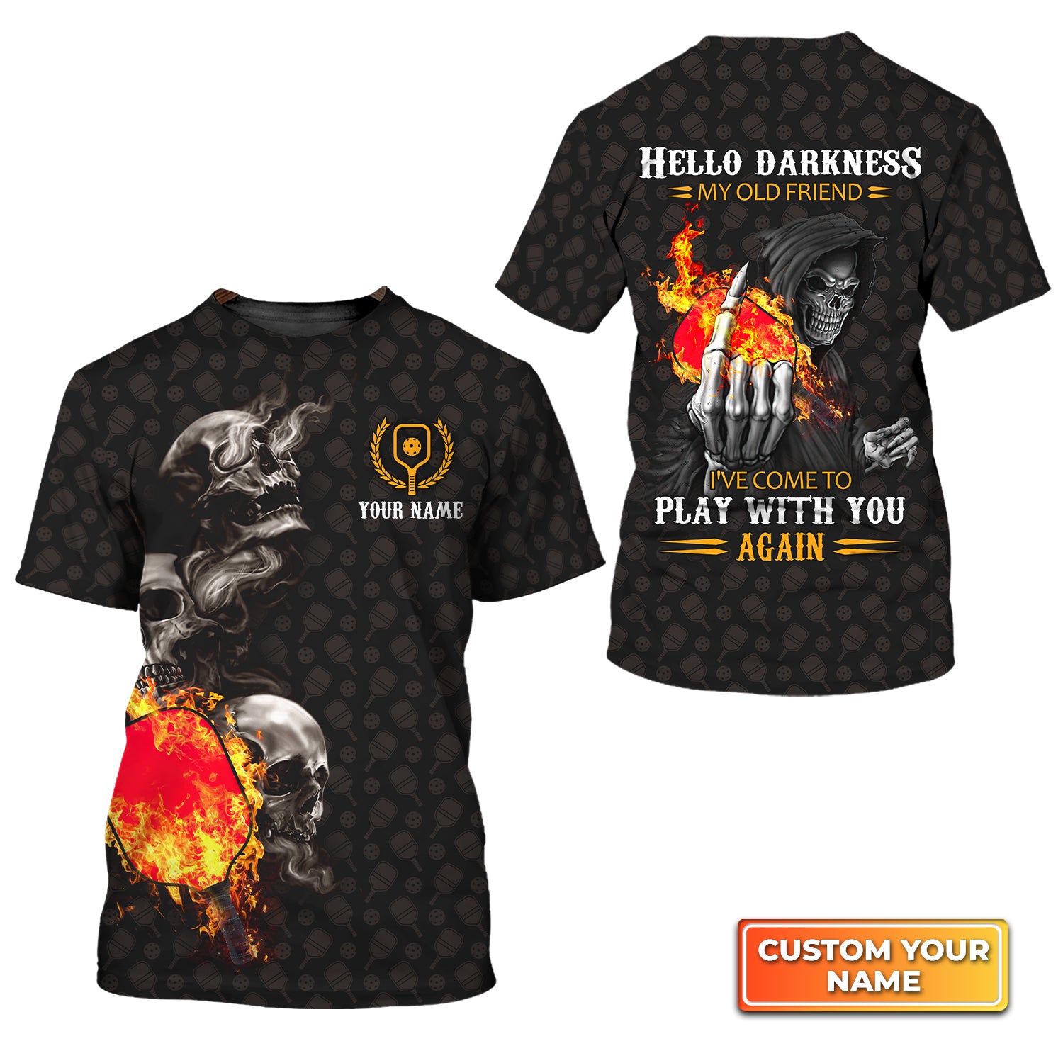 Pickleball Skull Hello Darkness My Old Friend Personalized Name 3D Tshirt QB95 Gift For Pickleball Player