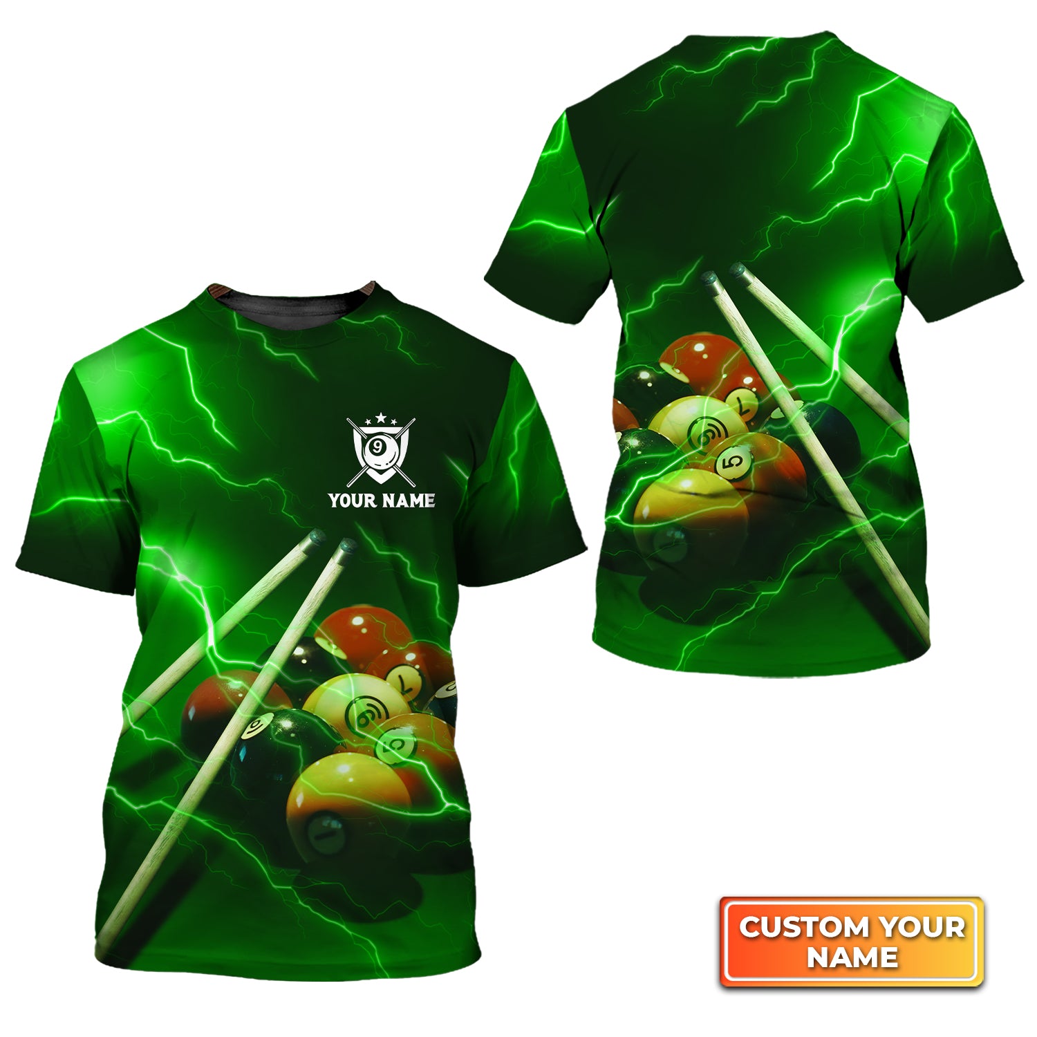 Billiard 9 Ball Thunder Lightning Fluor Green Personalized Name 3D Tshirt Gift For Billiard Players QB95