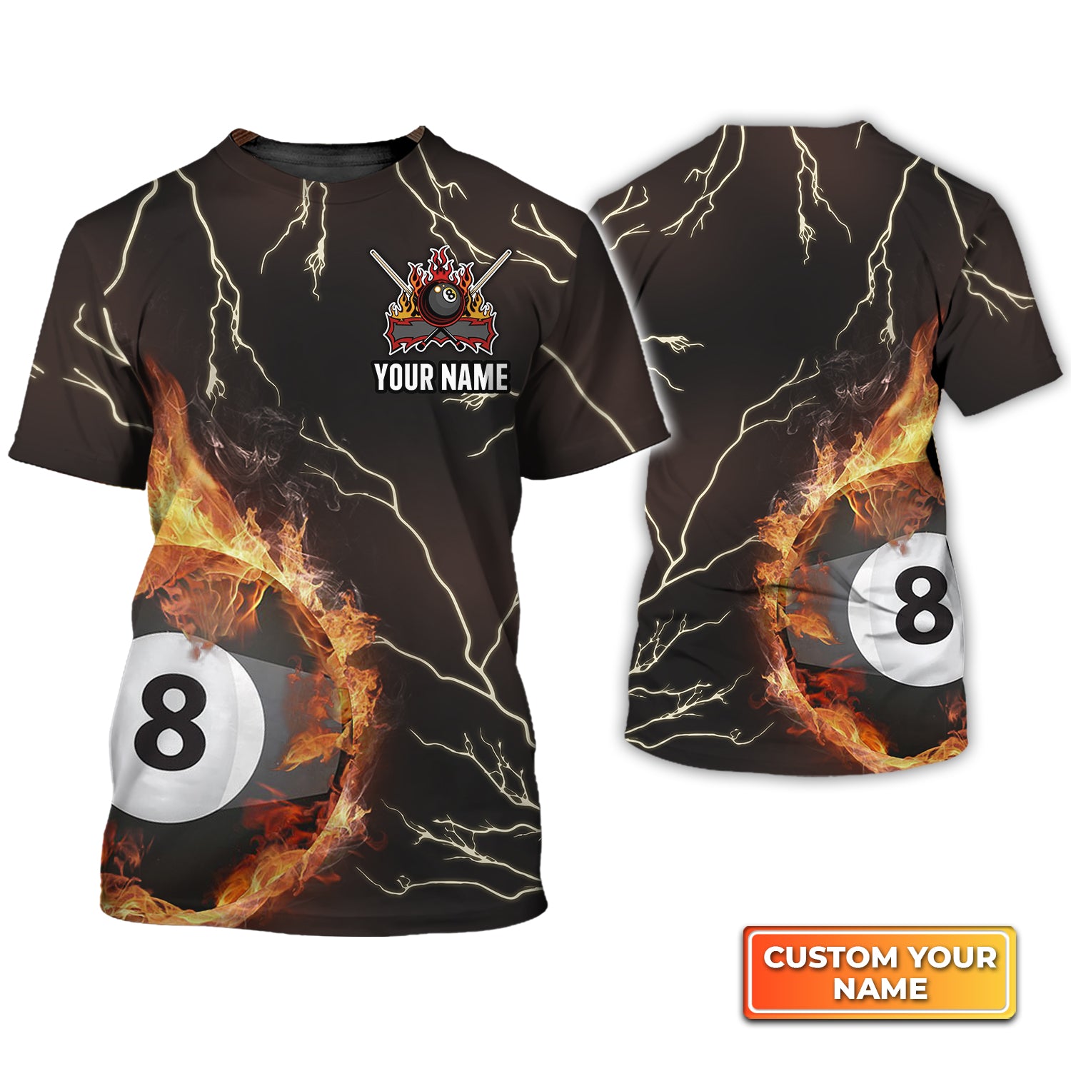 Billiard 8 Ball Thunder Fire Flame Personalized Name 3D Tshirt QB95 Gift Billiard Players