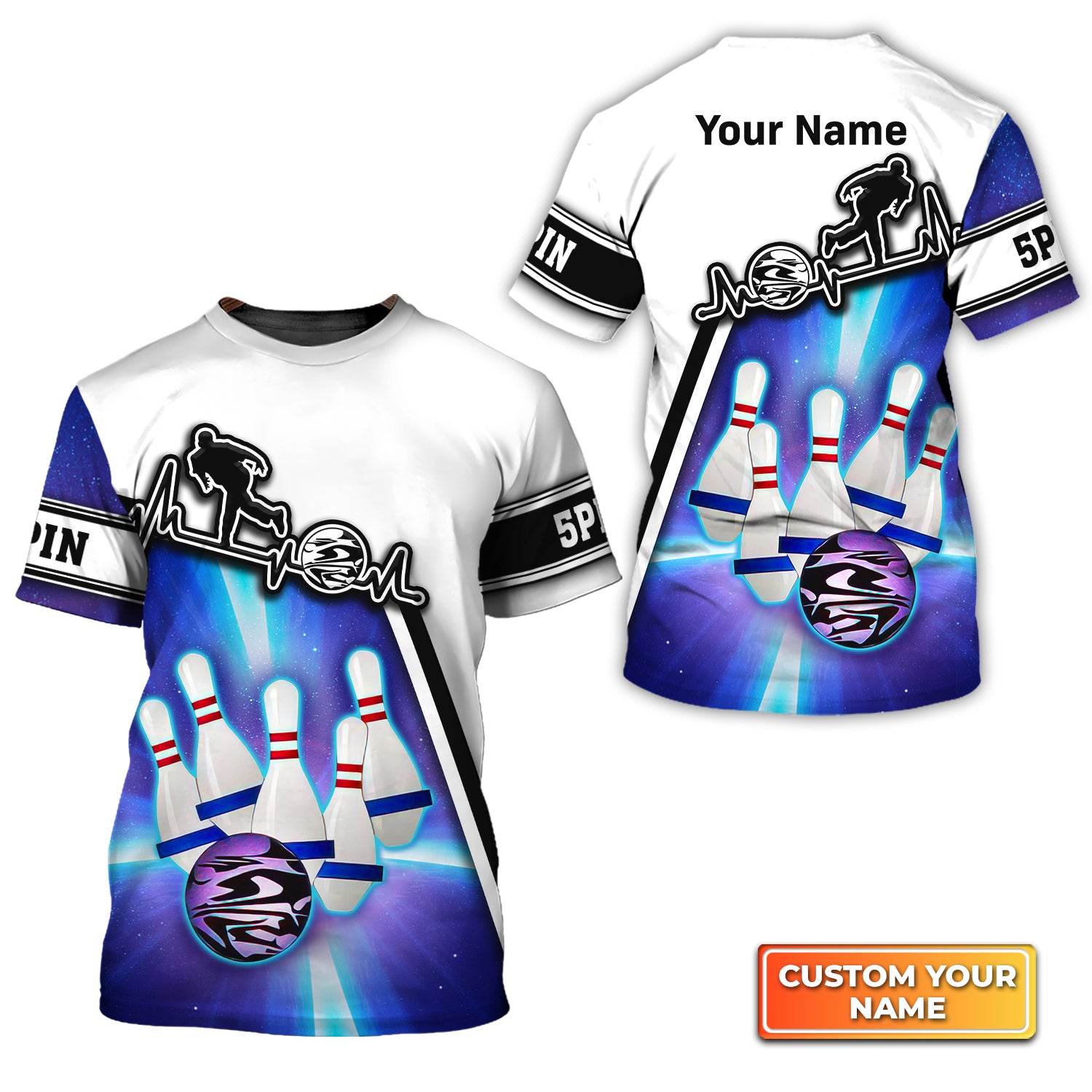 Blue Bowling 5 Pins Personalized Name 3D Tshirt QB95