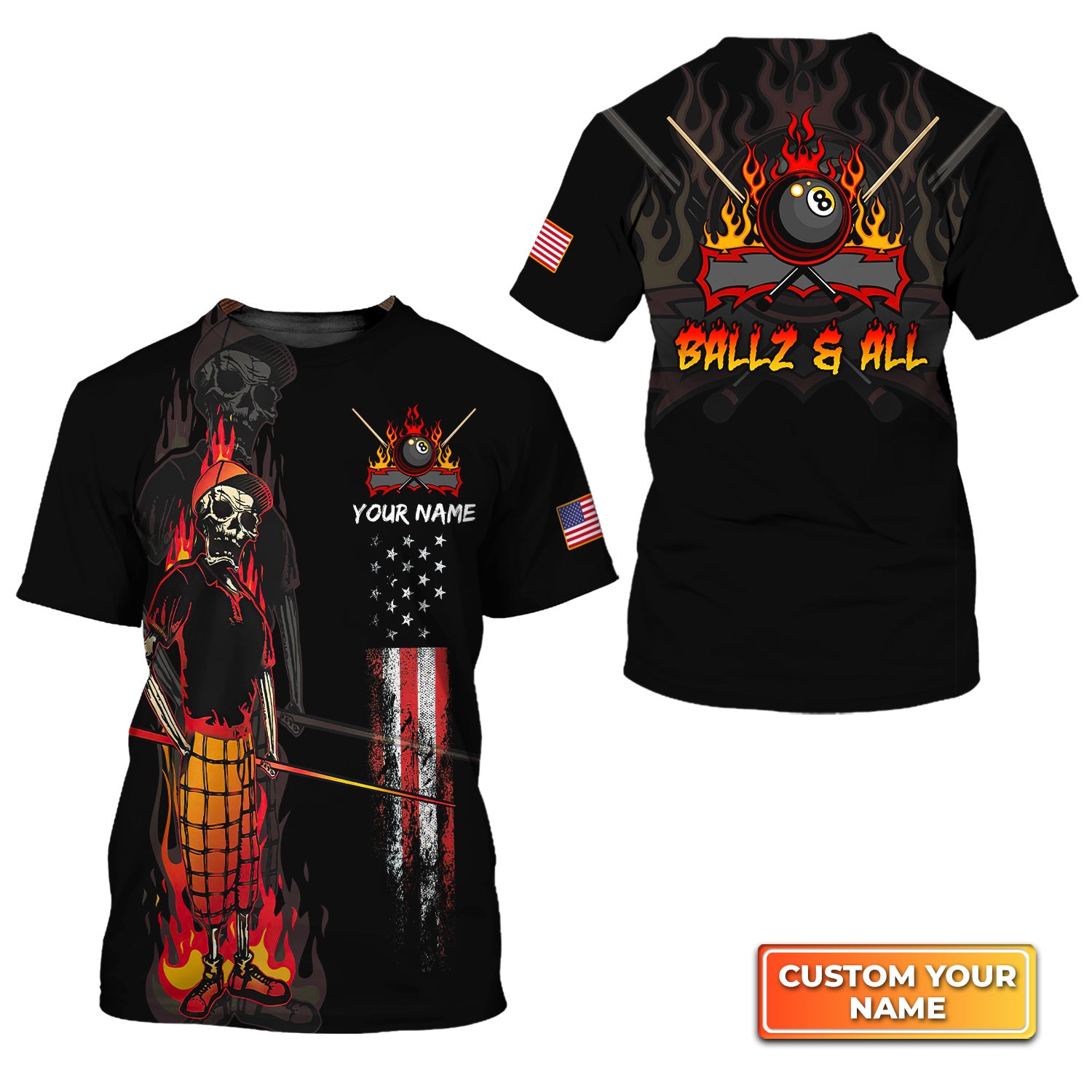 BALLZ & ALL Team Bones 8 Ball American Flag Billiards Personalized Name 3D Tshirt Gift For Billiard Players QB95