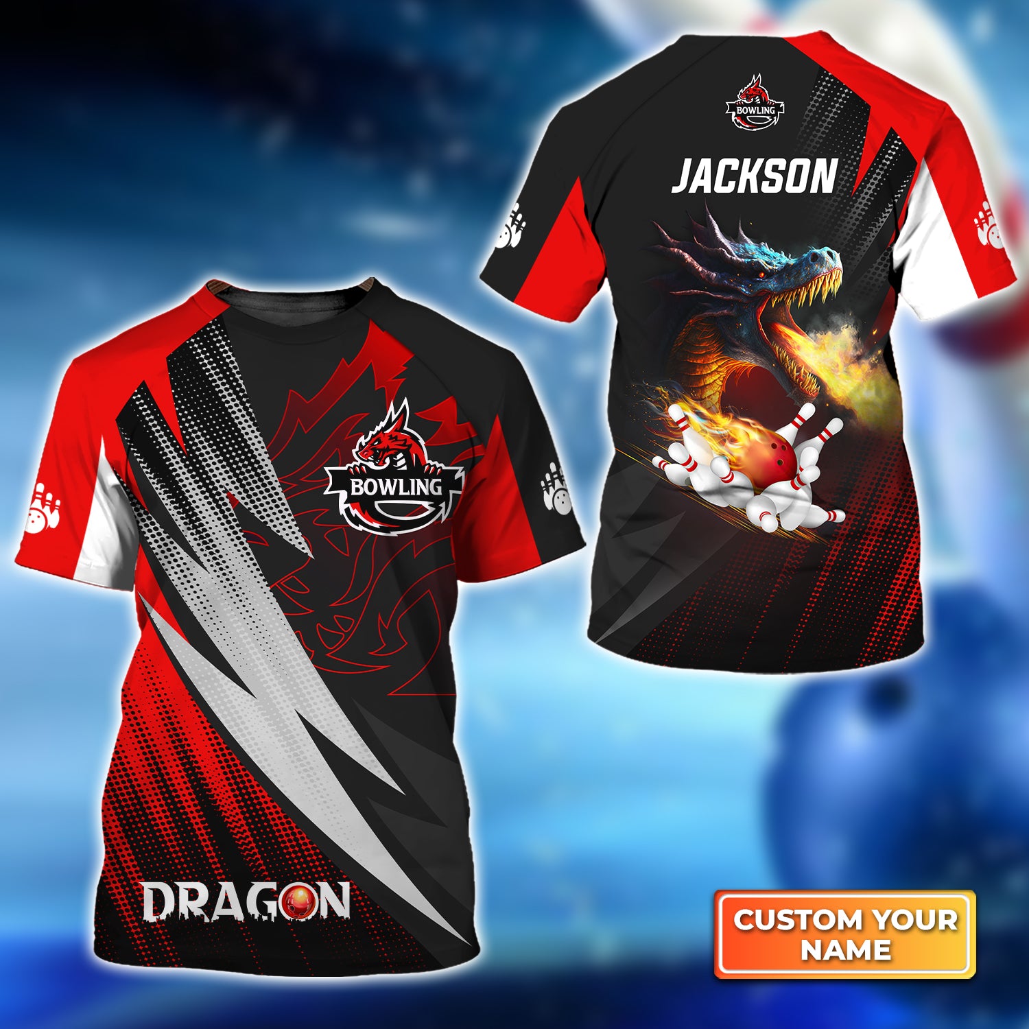 Dragon Team Red Bowling Ball On Fire Personalized Name 3D Tshirt QB95