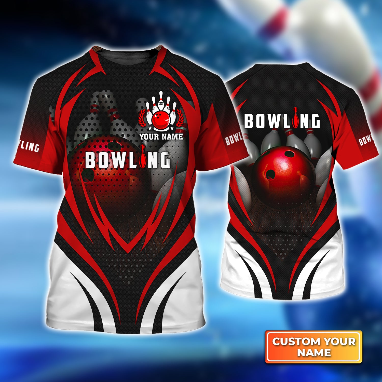 Bowling With Red Ball and Bowl Pins Personalized Name 3D Shirt QB95