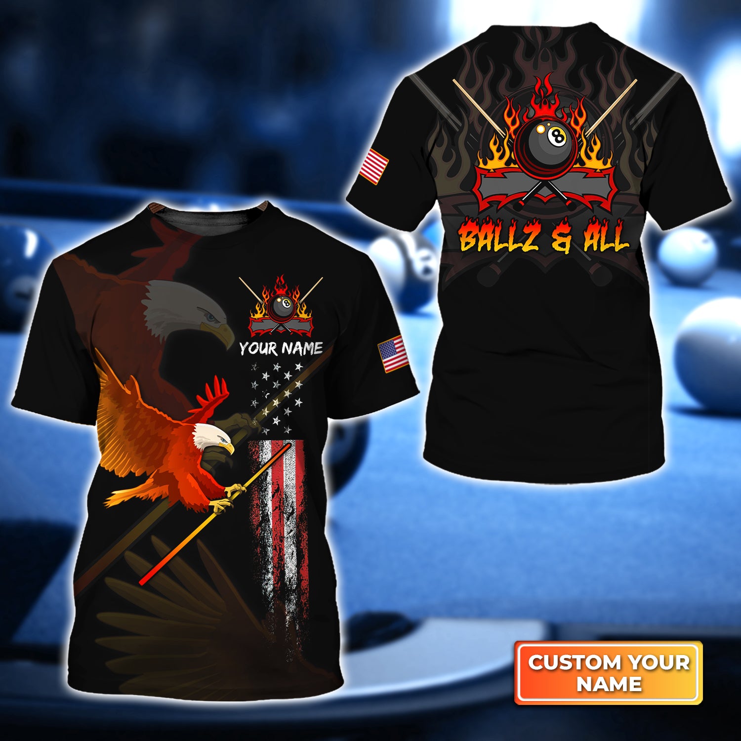 Eagle BALLZ & ALL Team Bones 8 Ball American Flag Billiards Personalized Name 3D Tshirt Gift For Billiard Players QB95