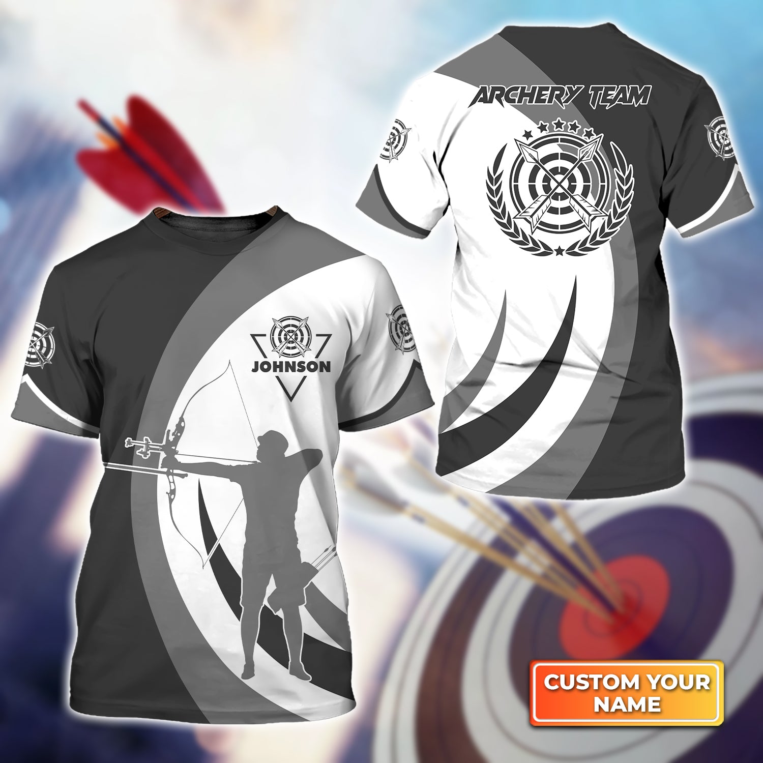 Black And Grey Silhouette Archery Target Personalized Name 3D Tshirt QB95 Gift For Archer