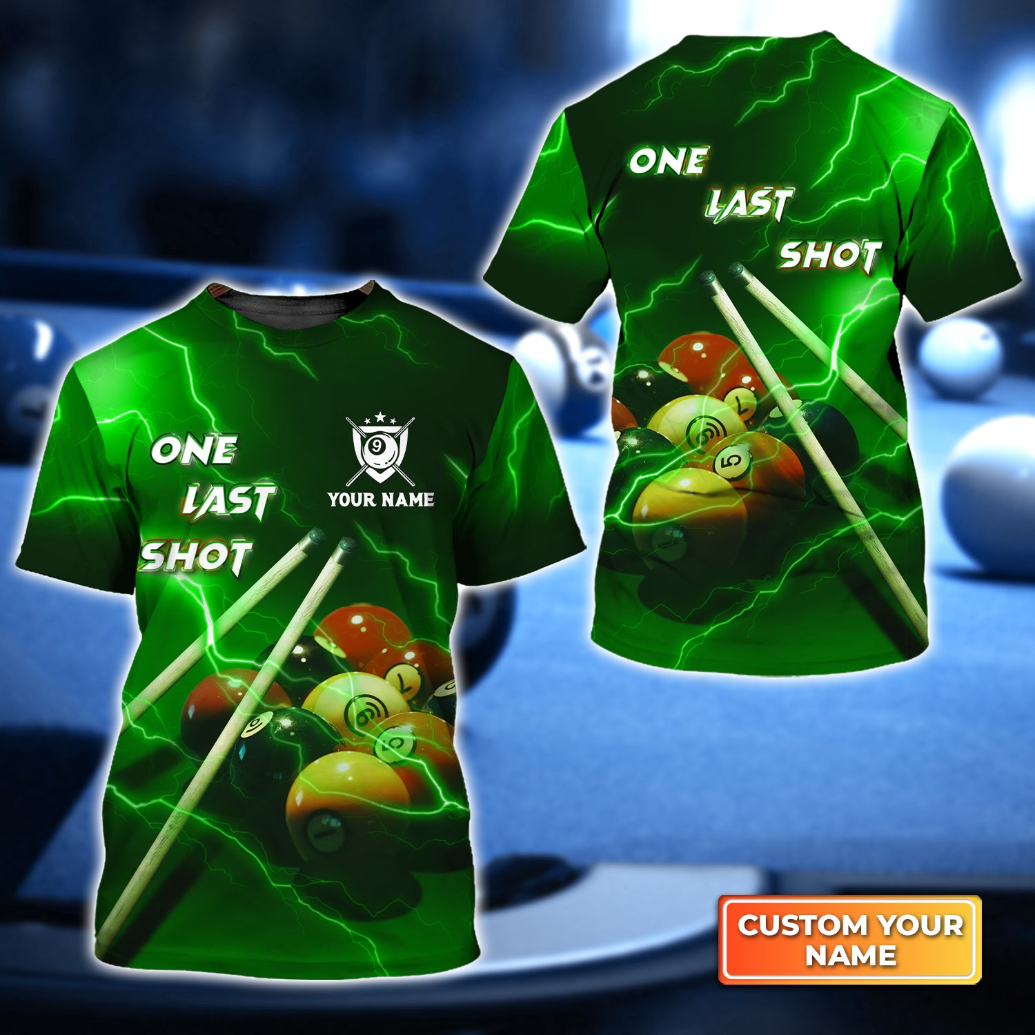 One Last Shot Billiard 9 Ball Thunder Lightning Fluor Green Personalized Name 3D Tshirt Gift For Billiard Players QB95