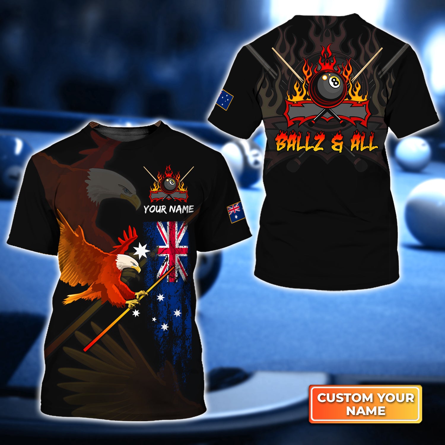 Eagle BALLZ & ALL Team Bones 8 Ball Australia Flag Billiards Personalized Name 3D Tshirt Gift For Billiard Players QB95