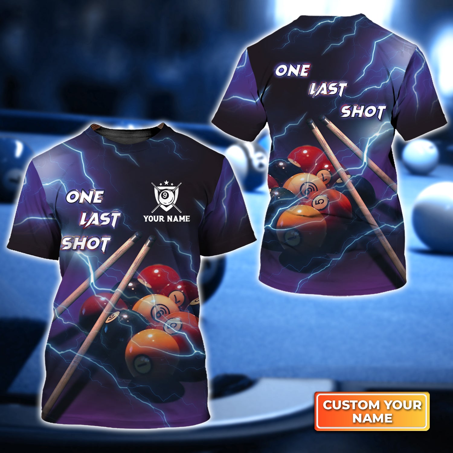 One Last Shot Billiard 9 Ball Thunder Lightning Personalized Name 3D Tshirt Gift For Billiard Players QB95