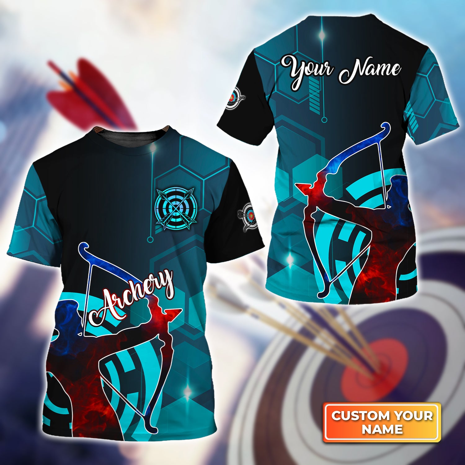 Archery Watercolor Short Sleeve Shirts Personalized Name 3D Target Bow T-Shirt QB95 Gift For Archer Sport Lovers