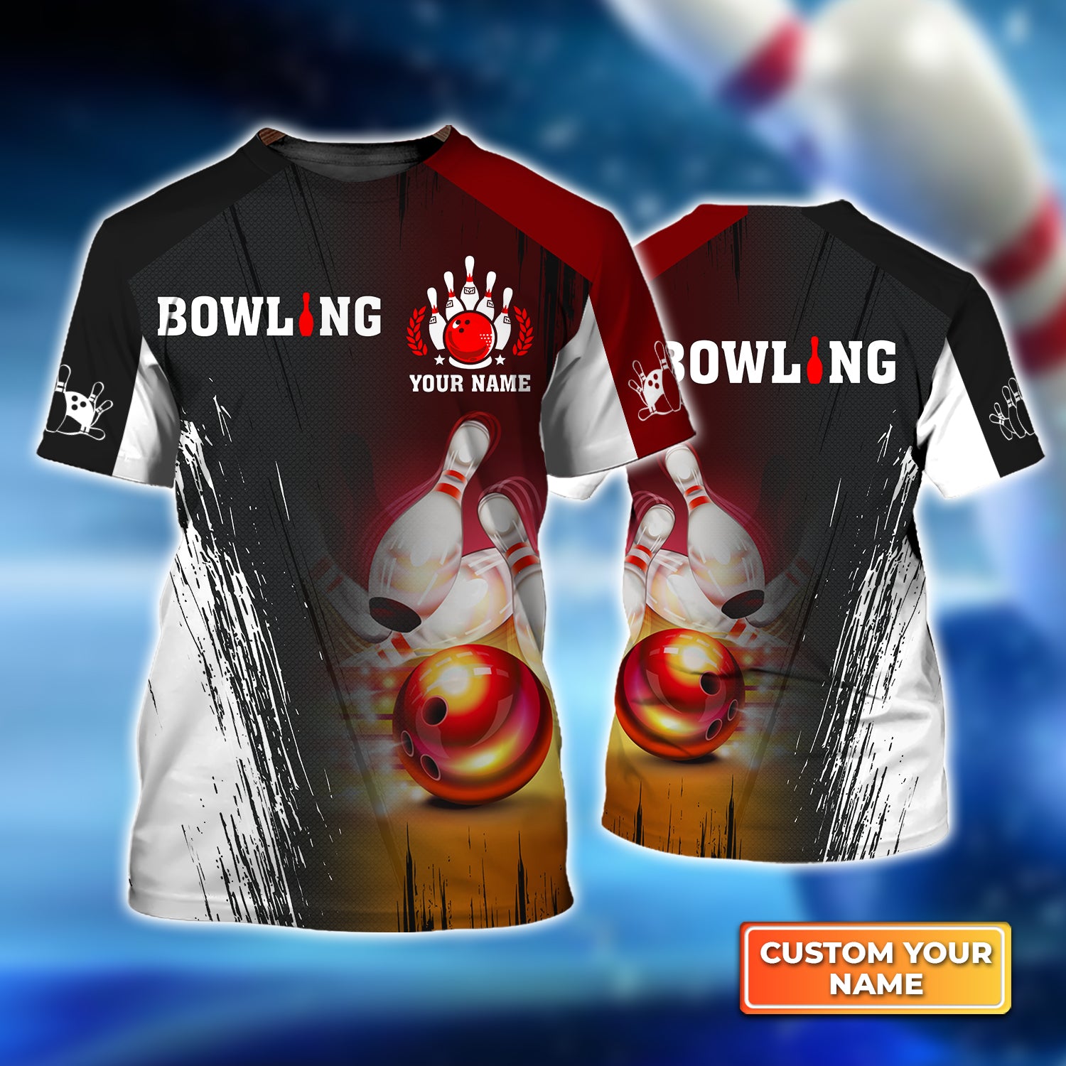 Red Bowling Ball Crashing Pins Personalized Name 3D Tshirt QB95