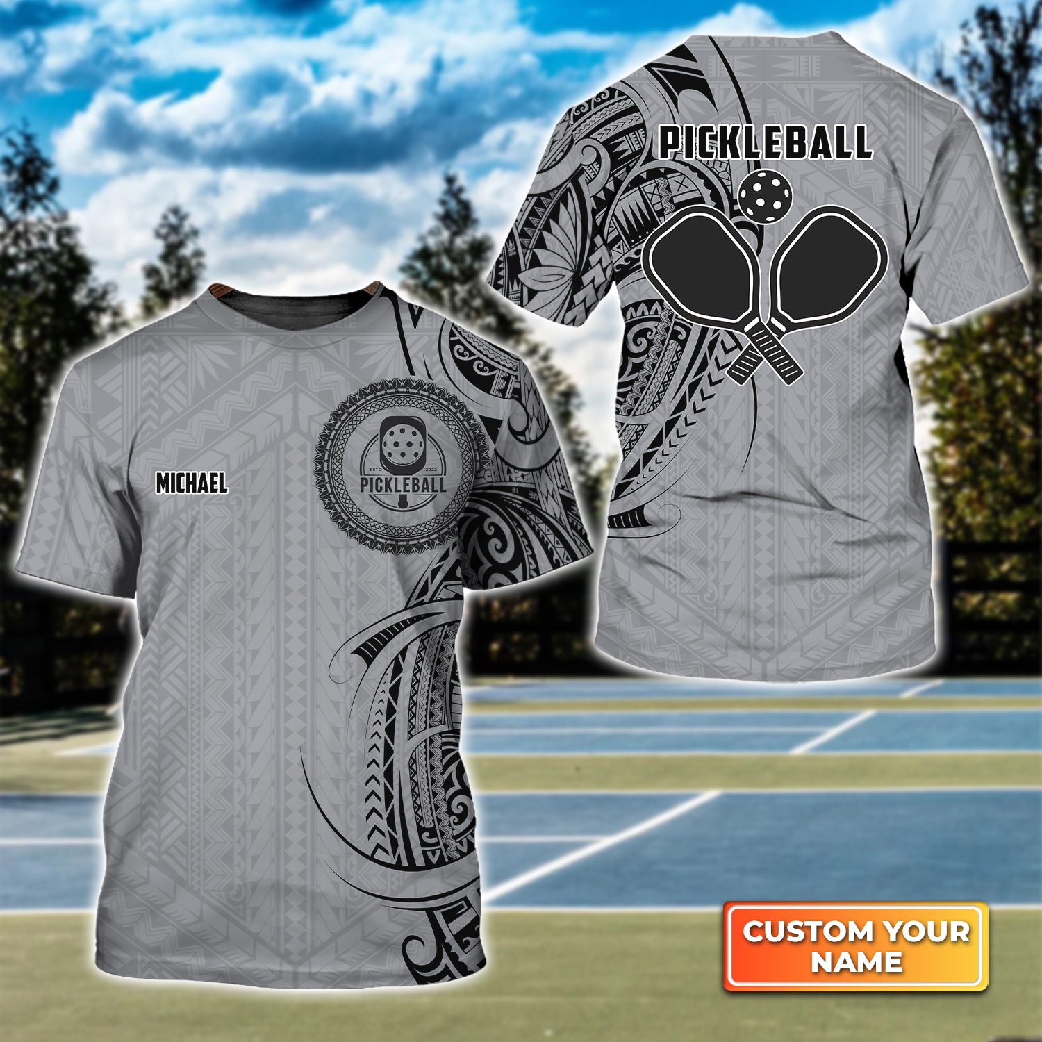 Strike Grey Tribal Tattoo Personalized Name 3D Tshirt QB95 Gift For Pickleball Player