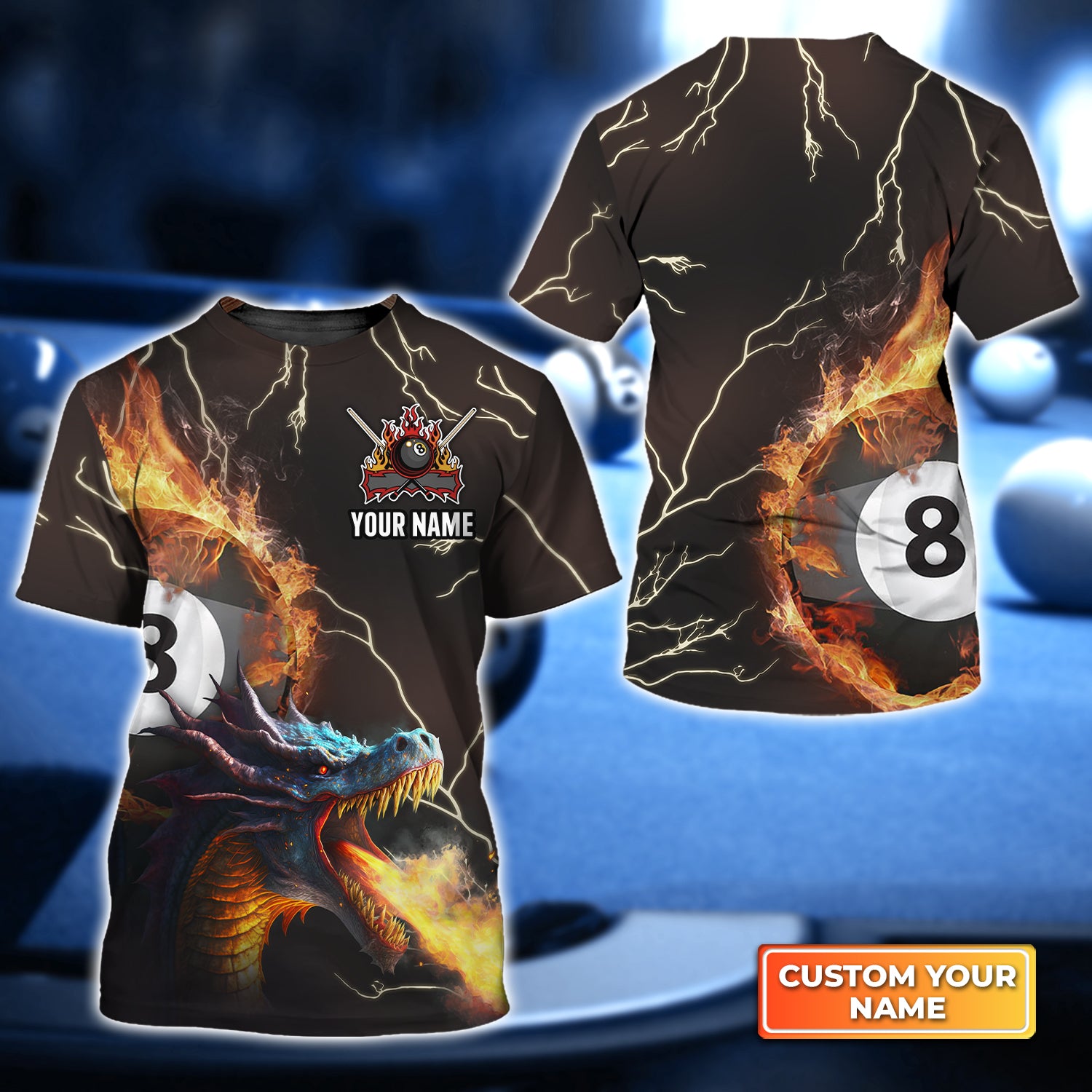 Dragon On Fire Billiard Pool 8 Balls Personalized Name 3D Tshirt QB95 Gift Billiard Players