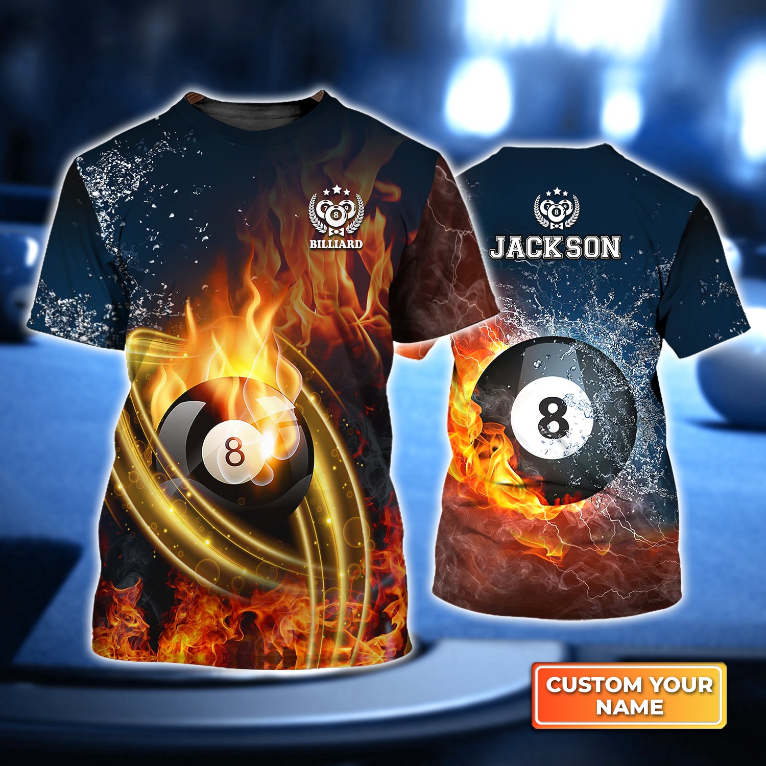 8Ball Billiard On Fire Personalized Name 3D Tshirt QB95 Gift Billiard Players