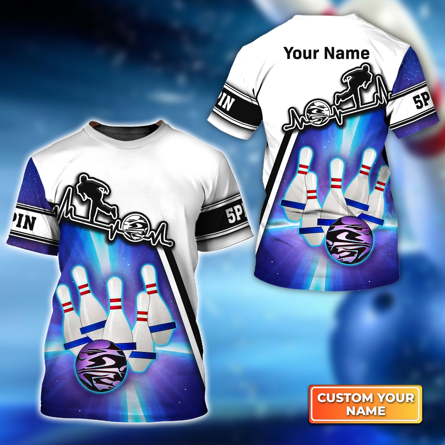 Blue Bowling 5 Pins Personalized Name 3D Tshirt QB95