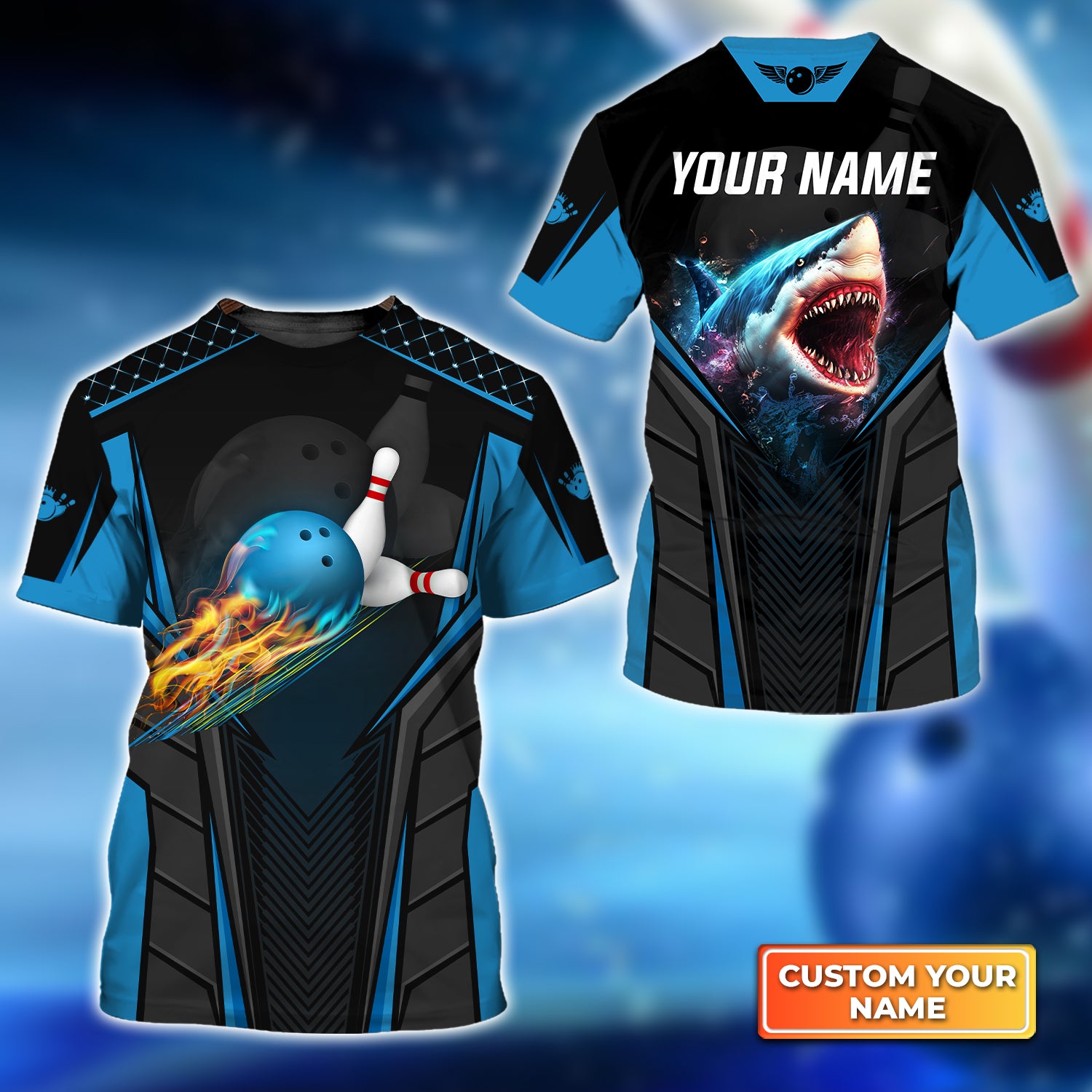 Shark Team Blue Bowling Ball Personalized Name 3D Tshirt QB95