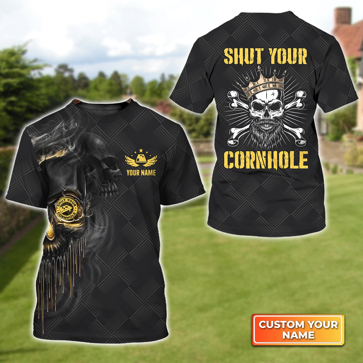 Shut Your Cornhole Skull Personalized Name 3D Tshirt Gift For Cornhole Players QB95