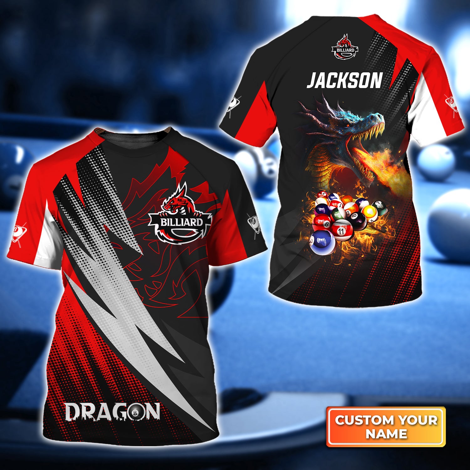 Dragon Team Billiard Pool 8 Ball On Fire Personalized Name 3D Tshirt QB95 Gift Billiard Players