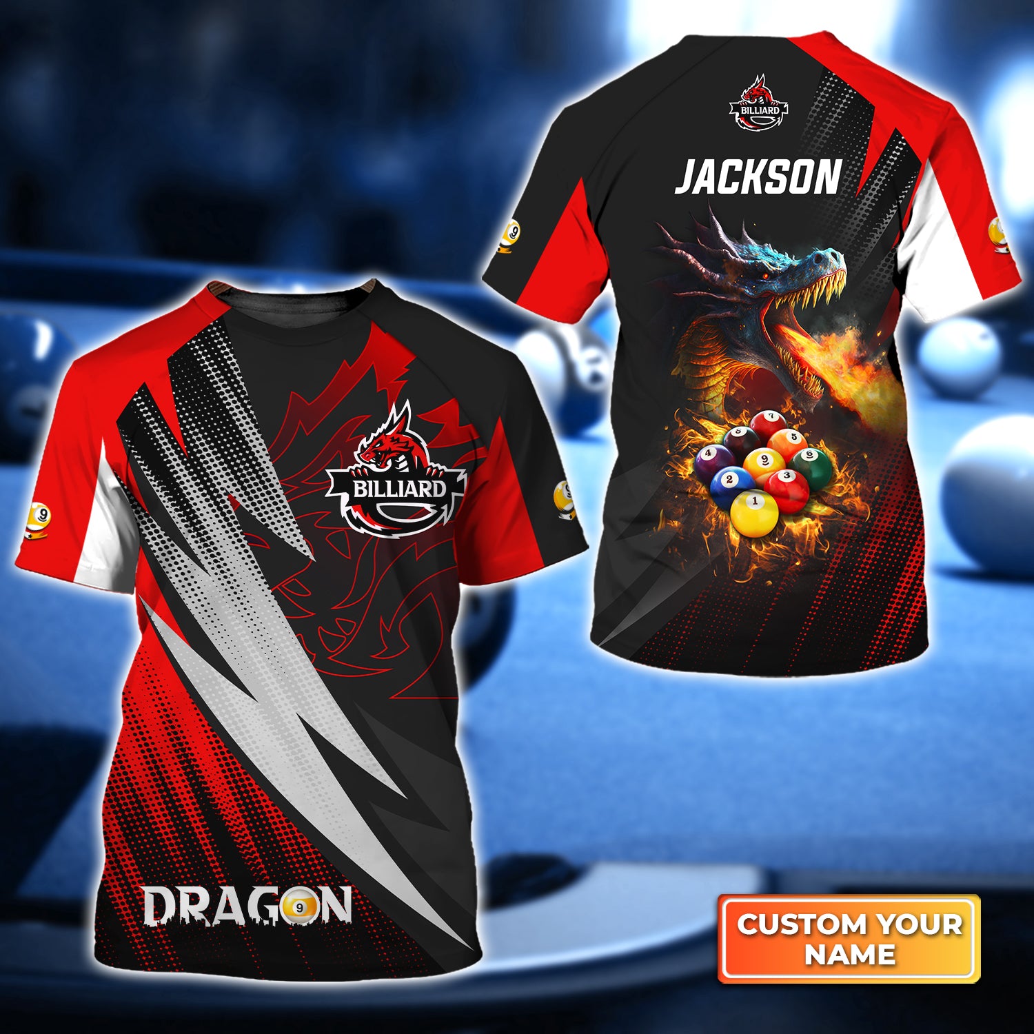 Dragon Team Billiard Pool 9 Ball On Fire Personalized Name 3D Tshirt QB95 Gift Billiard Players