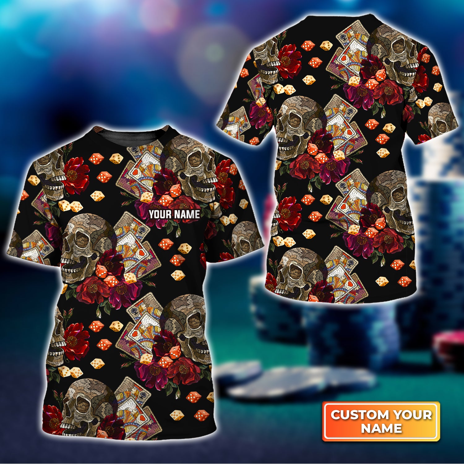 Casino Skull Colorful Personalized Name 3D Tshirt QB95 Gift For Poker Players