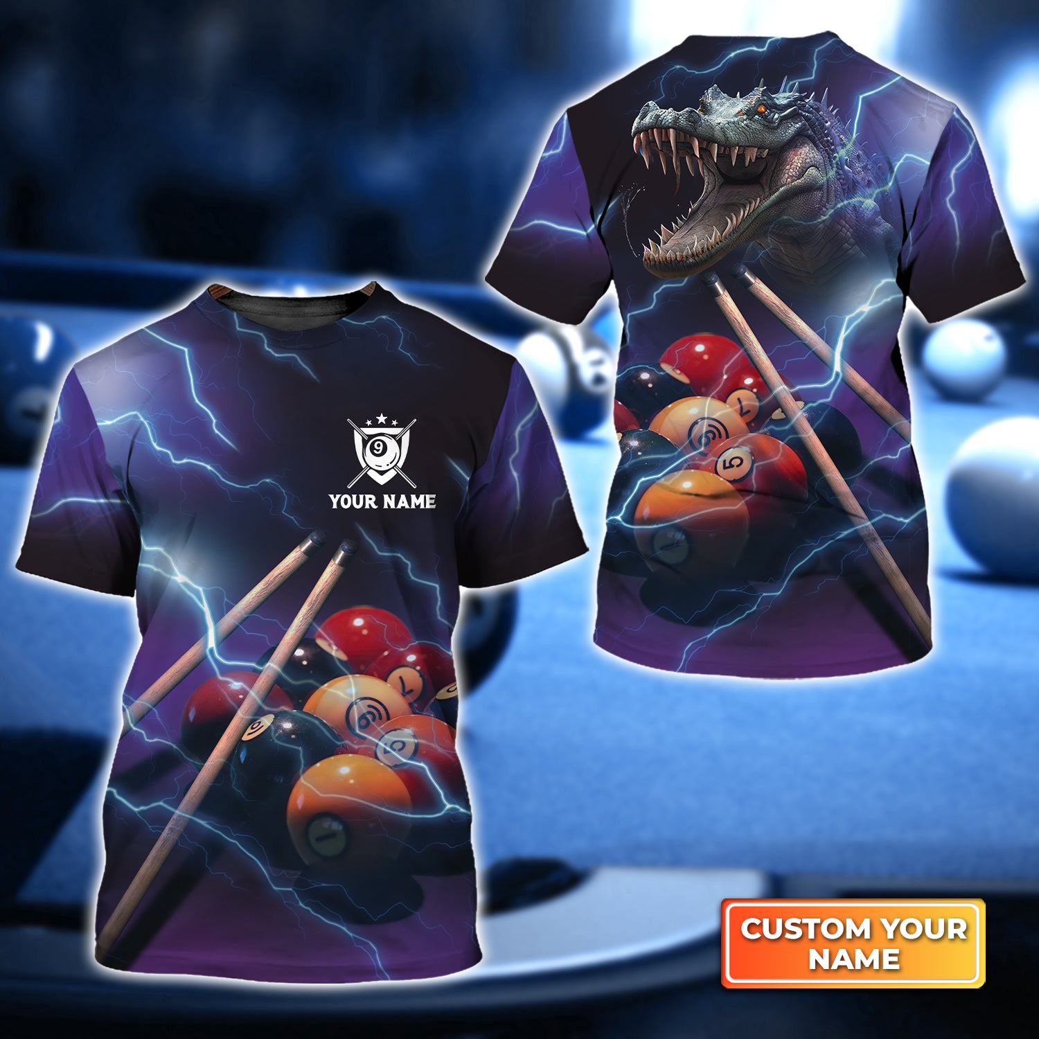 Crocodile Billiard 9 Ball Thunder Lightning Personalized Name 3D Tshirt QB95 Gift Billiard Players