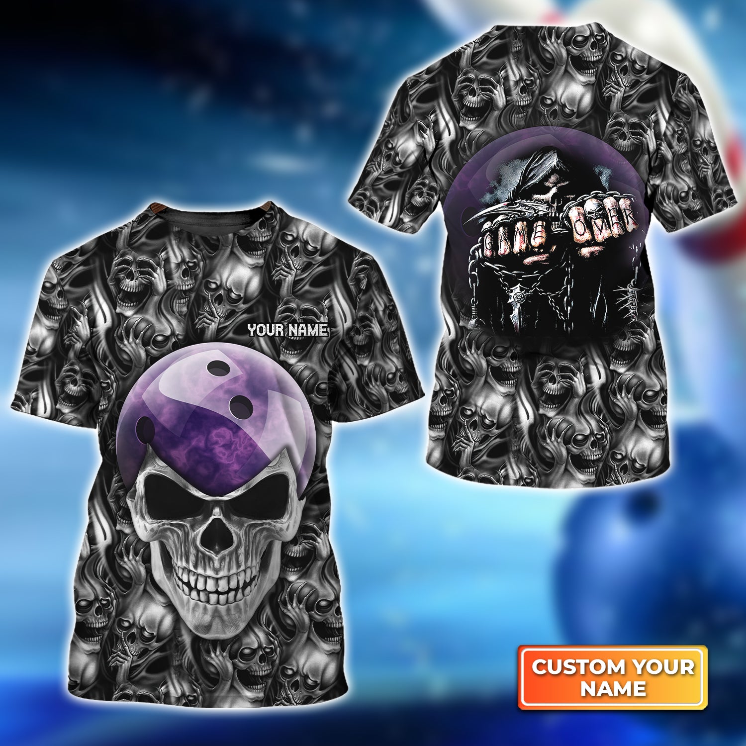 Purple Skull Bowling Ball Personalized Name 3D Tshirt QB95