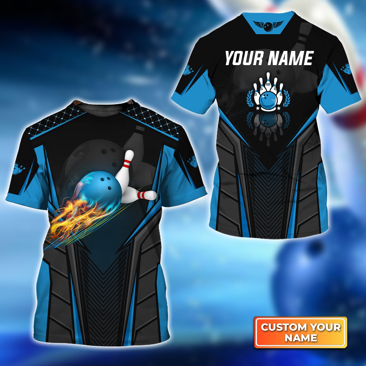 The Blue Bowling Ball in Flames Breaks White Skittles 2 Personalized Name 3D Tshirt QB95