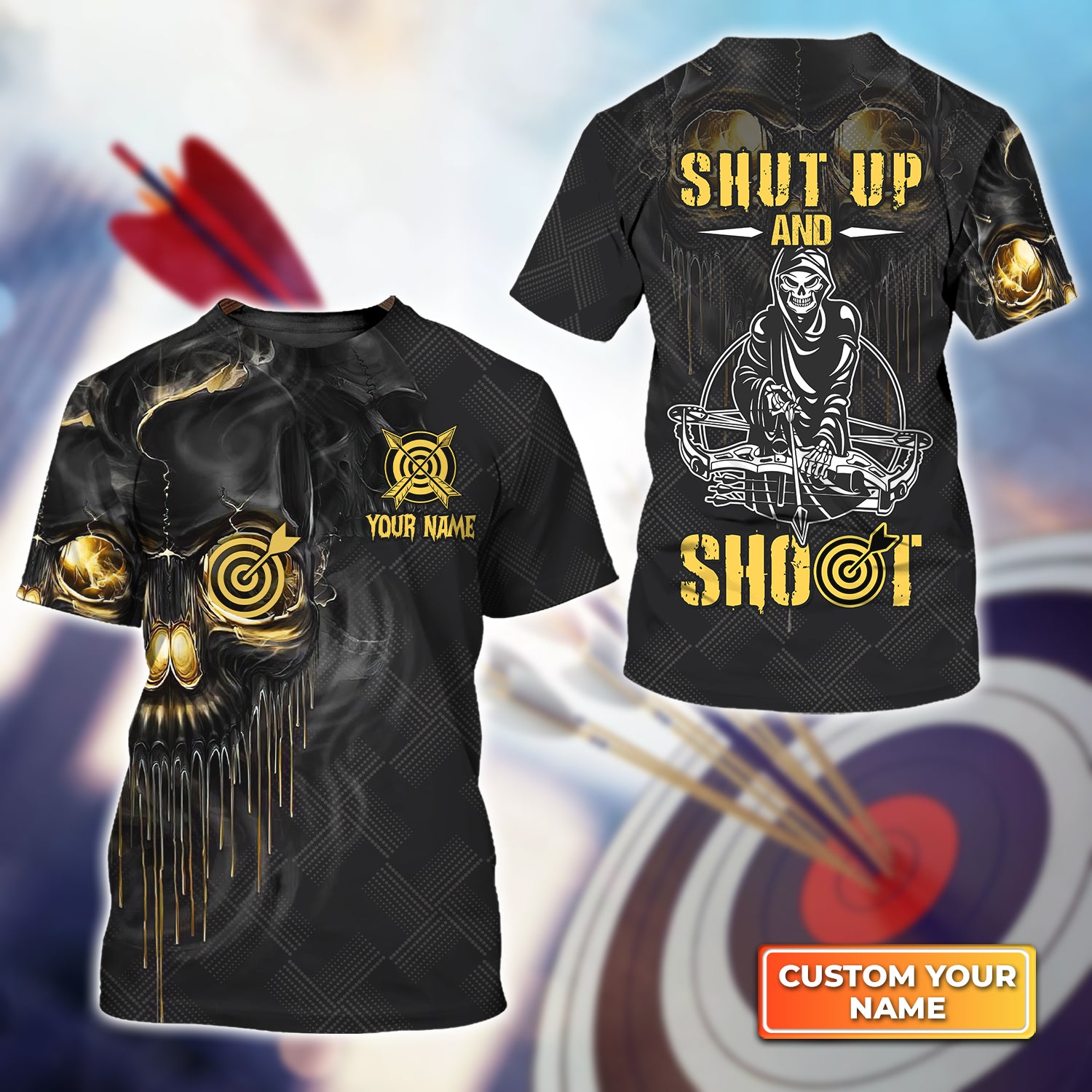 Archery Skull Shut Up and Shoot Personalized Name 3D Tshirt QB95 Gift For Archer