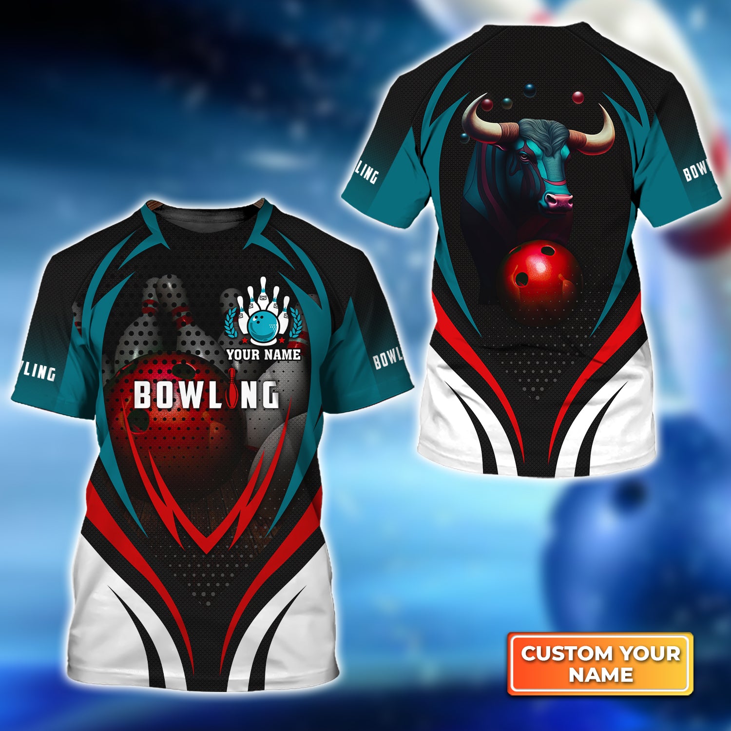 Bull Bowling Team With Red Ball Personalized Name 3D Tshirt QB95