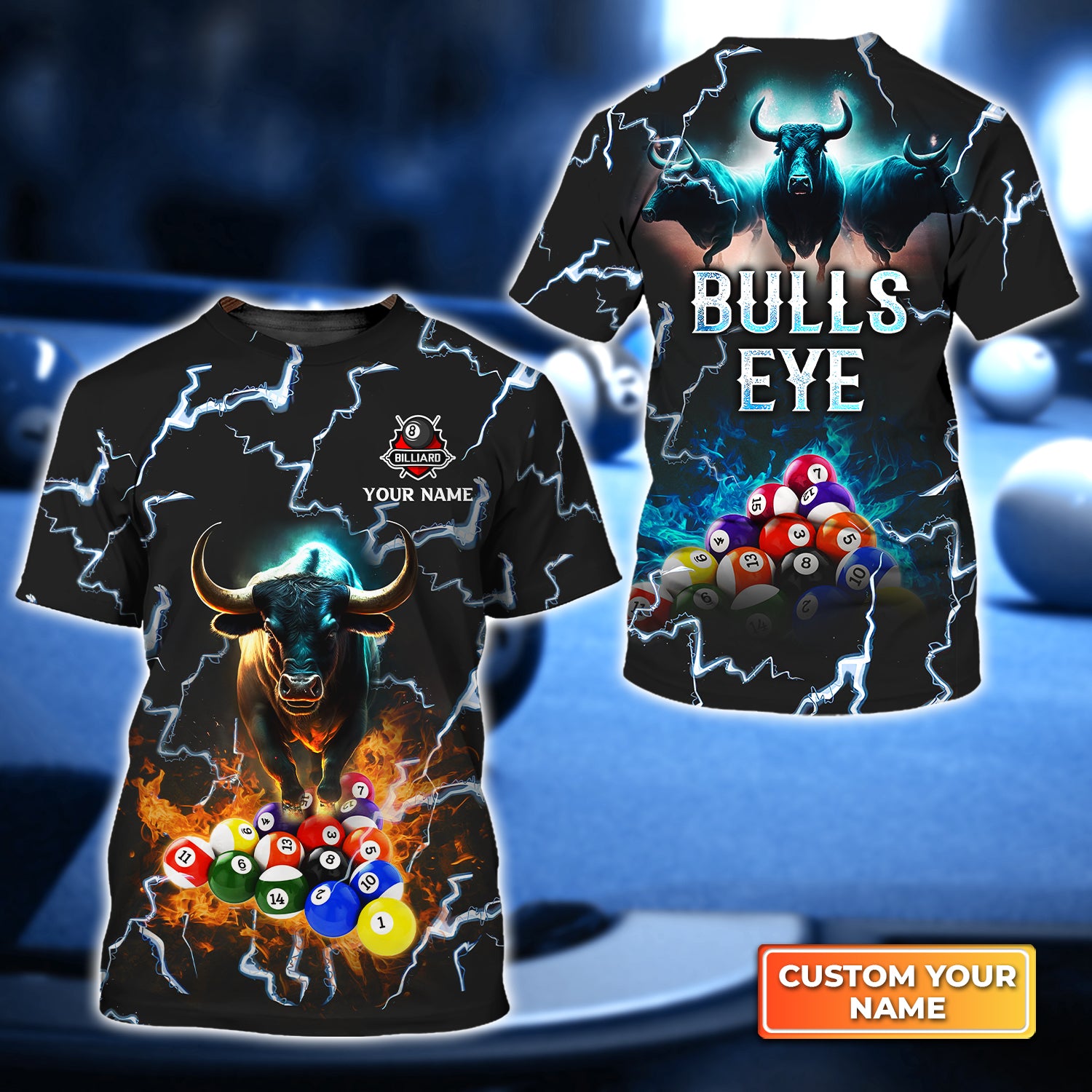 Bulls Eye Billiard Team Pool 8 Ball Personalized Name 3D Tshirt QB95 Gift Billiard Players