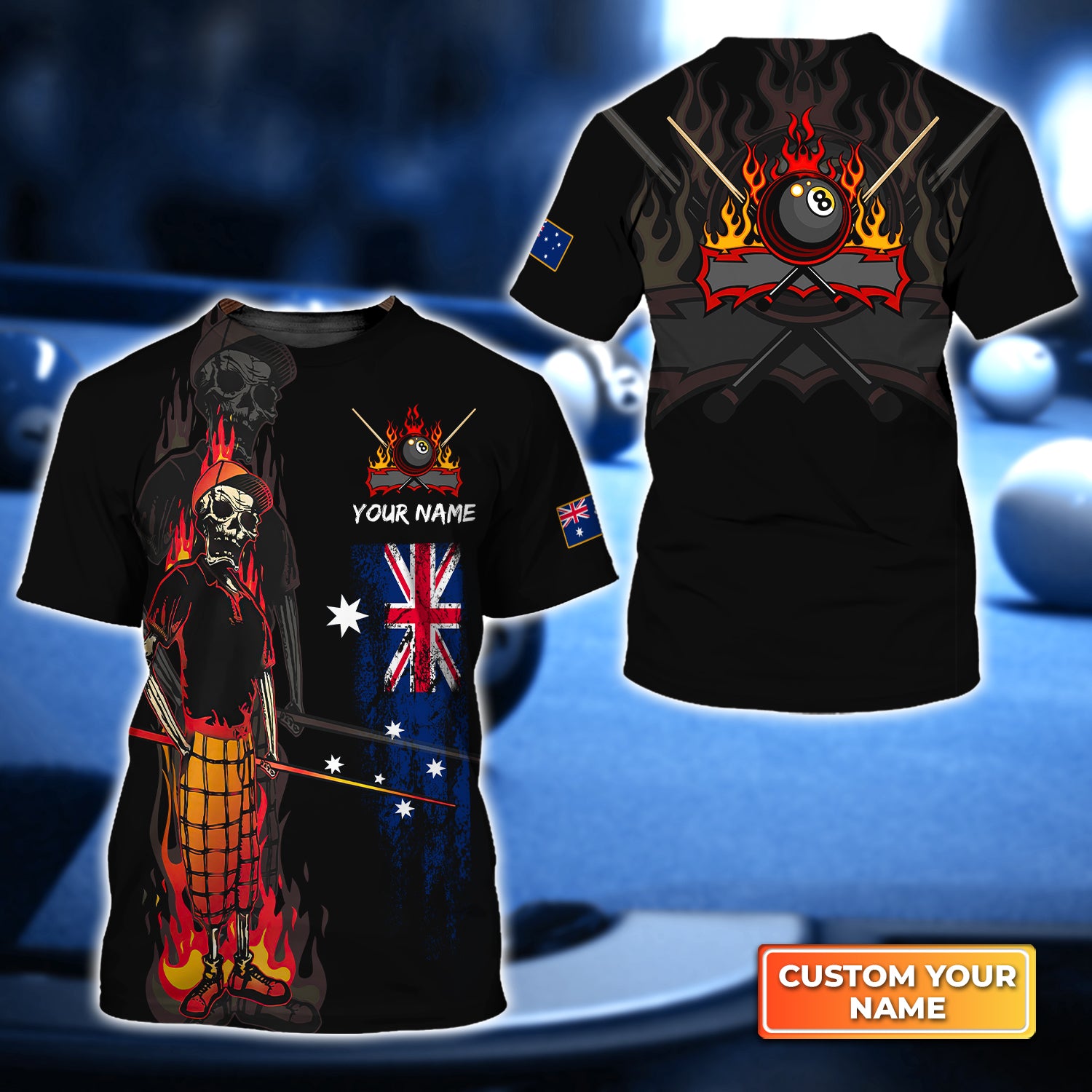 Bones 8 Ball Australia Flag Billiards Personalized Name 3D Tshirt Gift For Billiard Players QB95