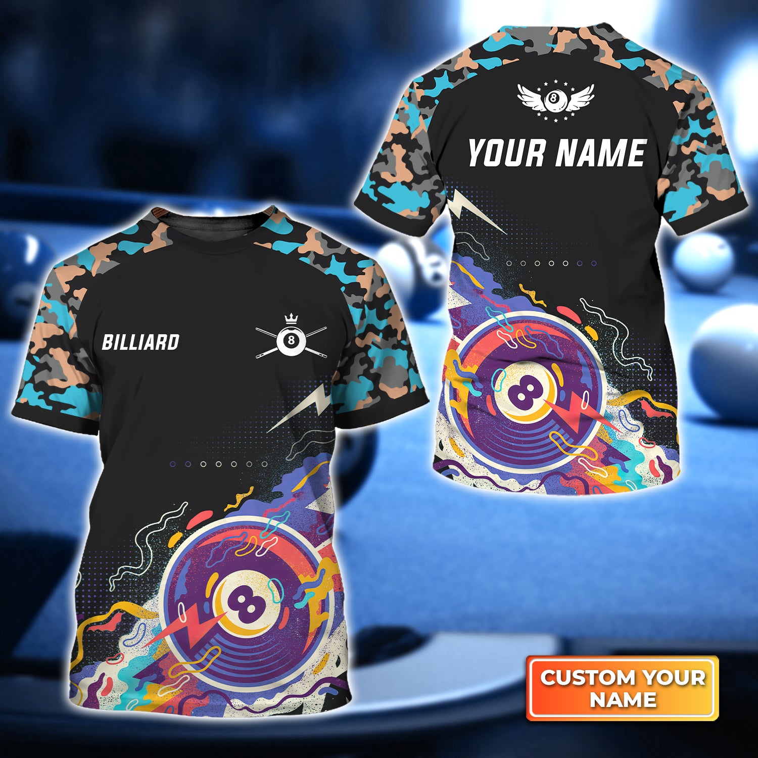 Pool 8 Ball Black Blue Watercolor Personalized Name 3D Tshirt QB95 Gift Billiard Players