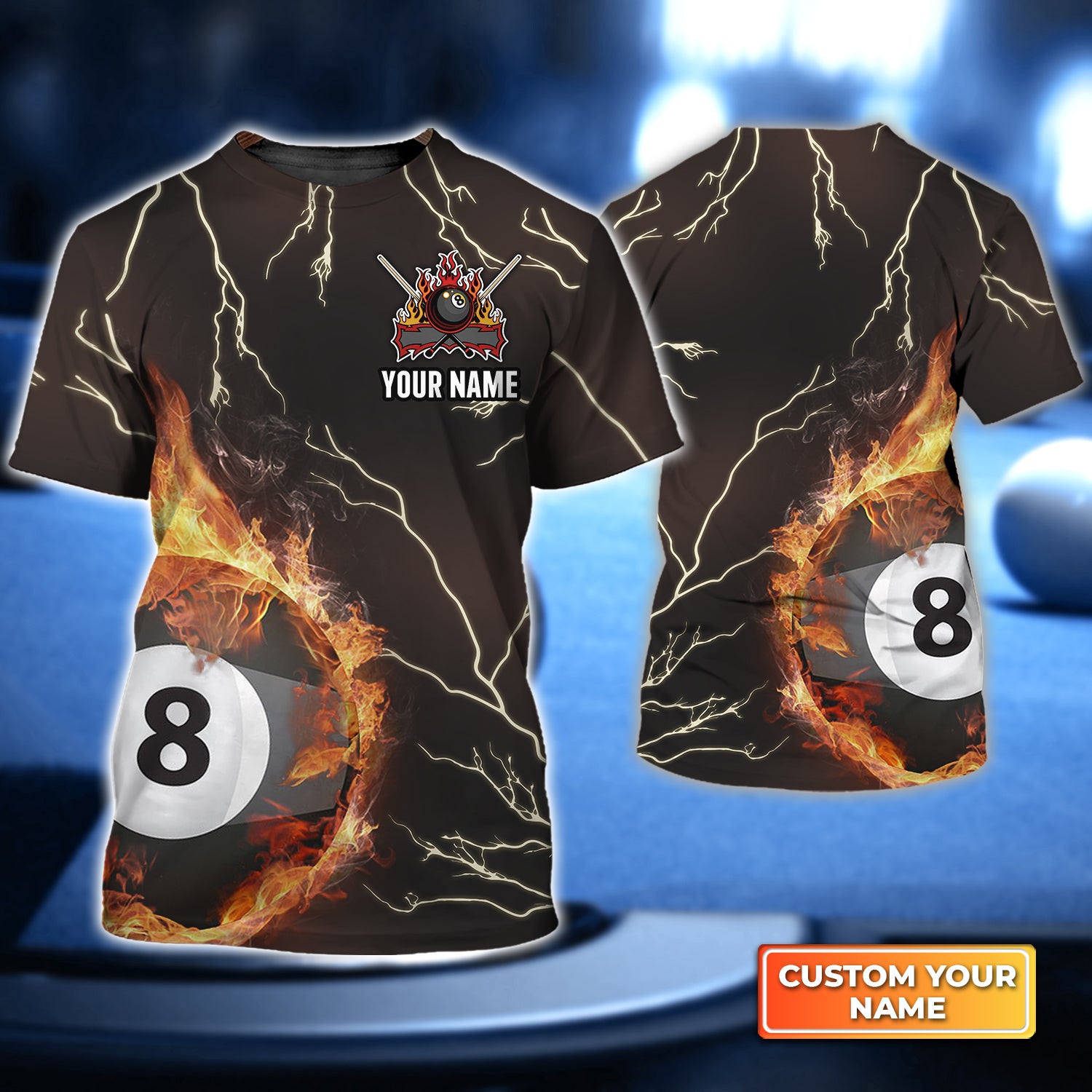 Billiard 8 Ball Thunder Fire Flame Personalized Name 3D Tshirt QB95 Gift Billiard Players