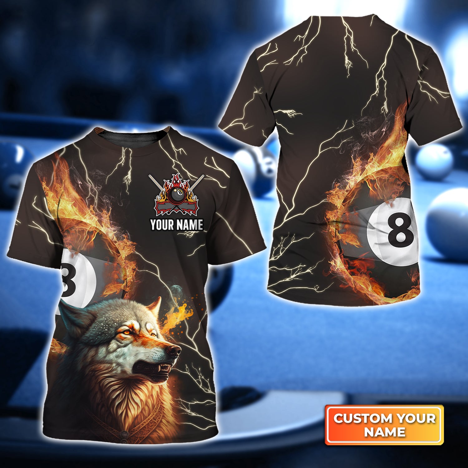 Wolf On Fire Billiard Pool 8 Balls Personalized Name 3D Tshirt QB95 Gift Billiard Players