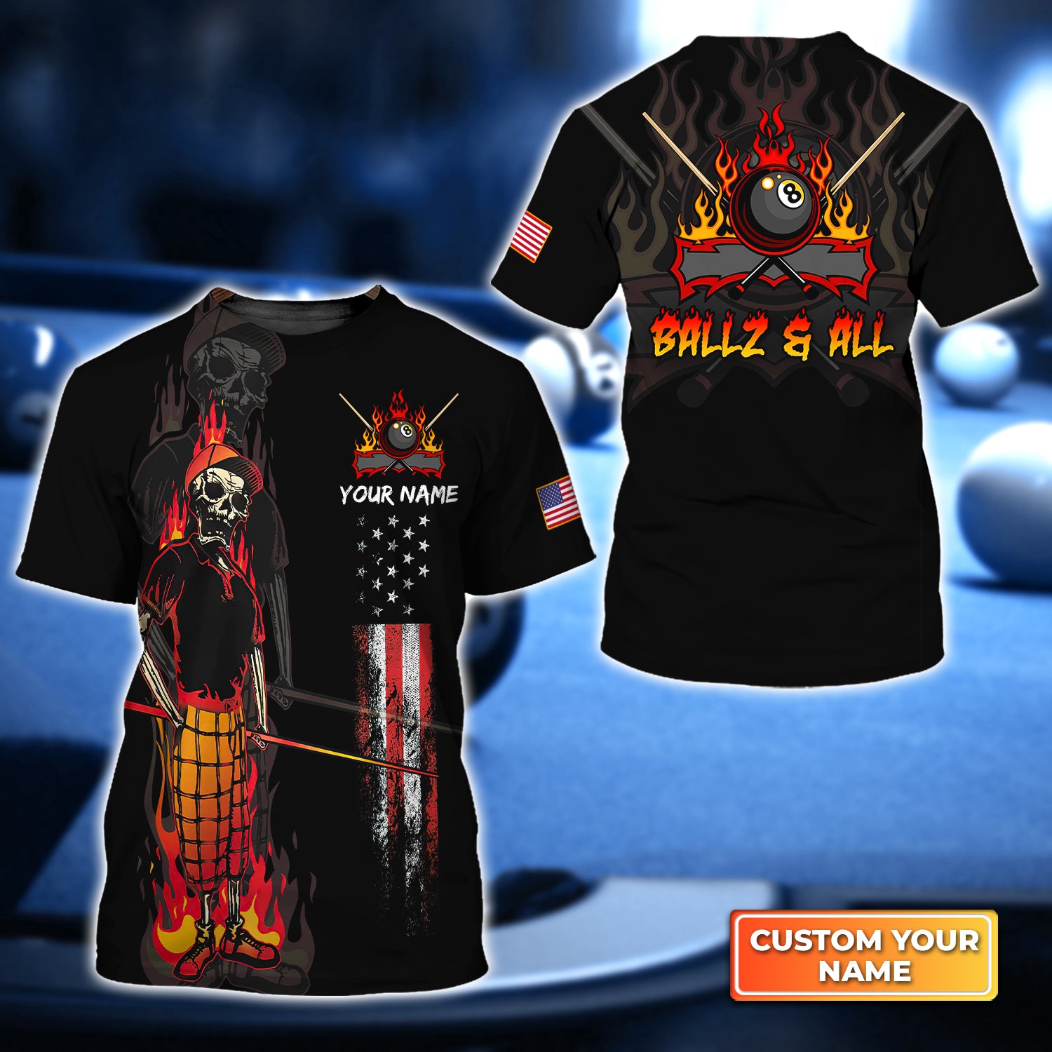 BALLZ & ALL Team Bones 8 Ball American Flag Billiards Personalized Name 3D Tshirt Gift For Billiard Players QB95