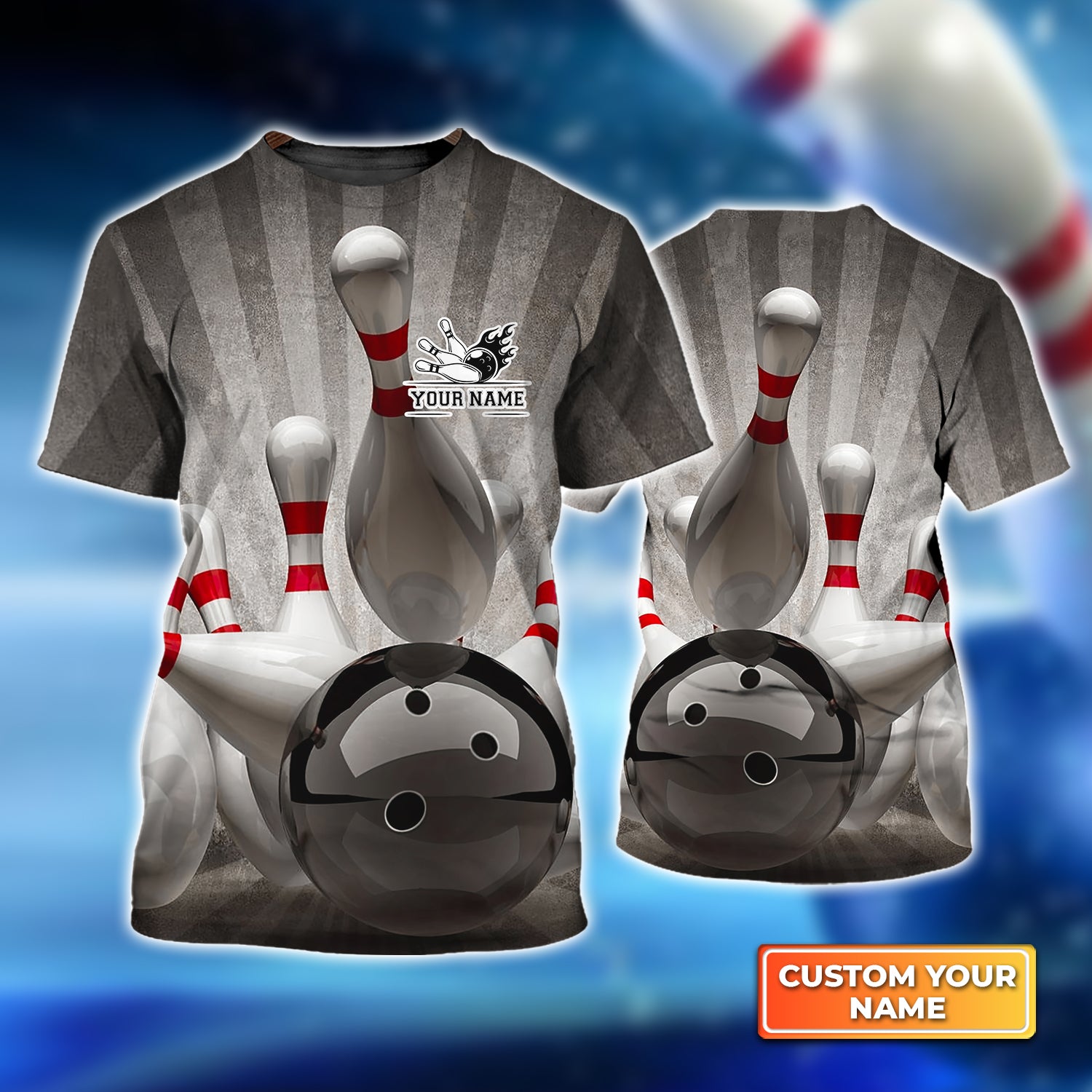 Bowling Ball Crashing into the Pins on Vintage Personalized Name 3D Tshirt QB95