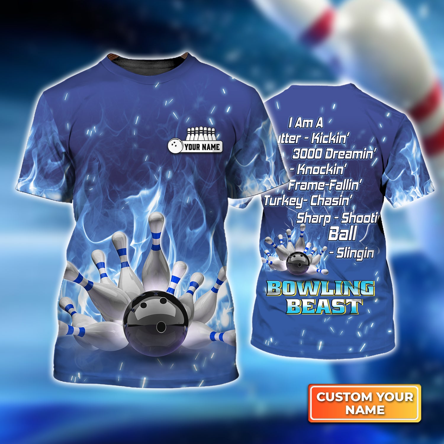 Bowling On Blue Fire Bowling Beast Personalized Name 3D Tshirt QB95