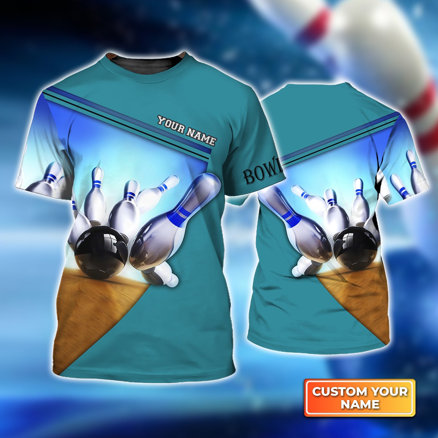 Ten Pin Bowling Blue Colorful Personalized Name 3D Tshirt For Bowling Player QB95