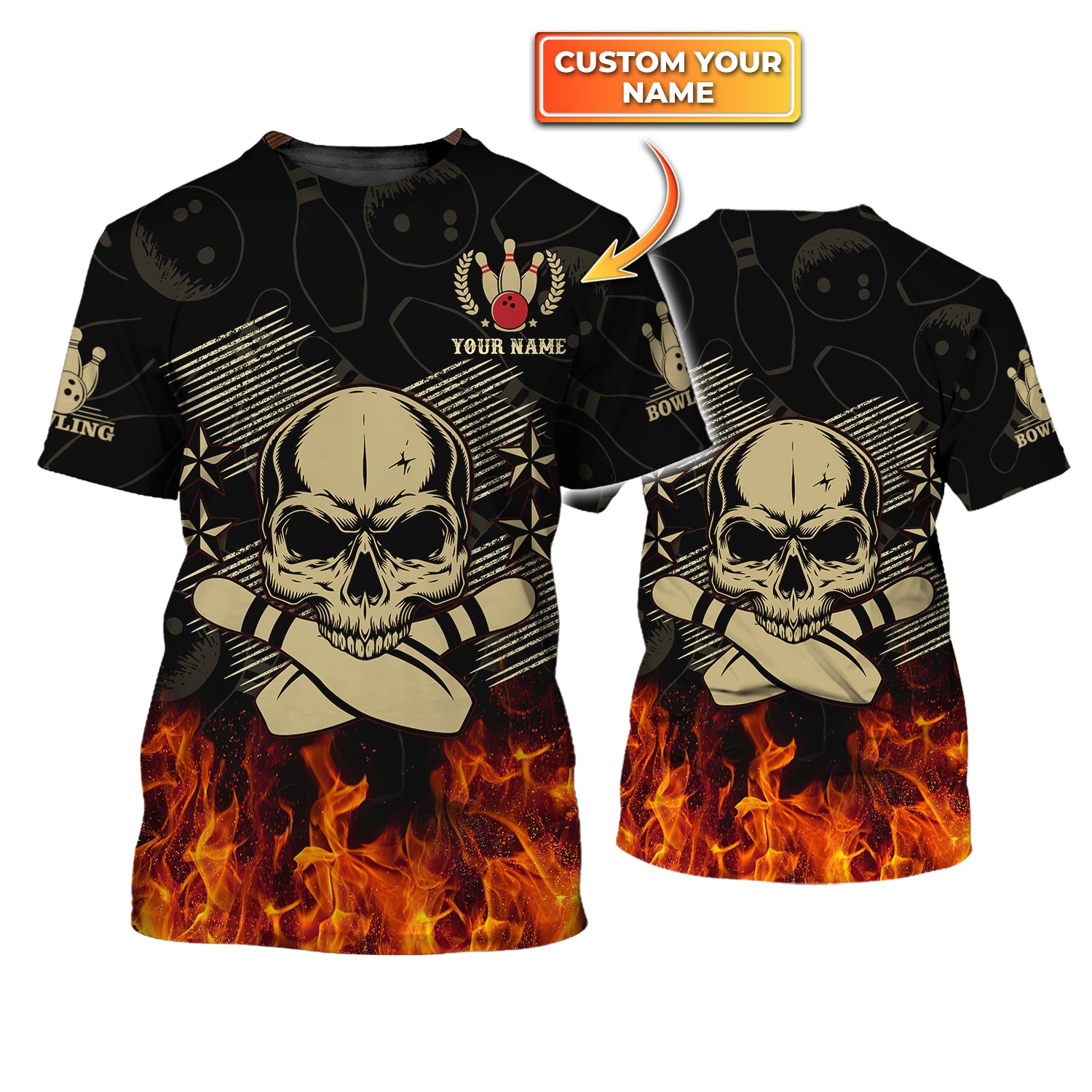 Skull Bowling In Fire Personalized Name 3D Tshirt QB95