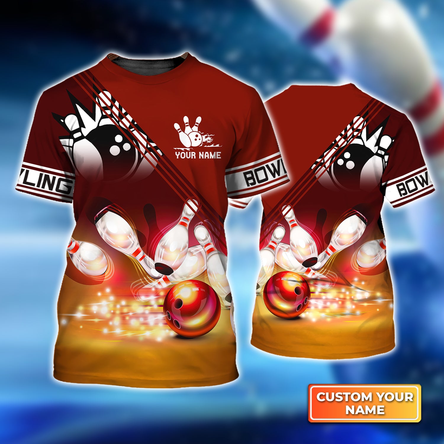 Red Bowling Ball Crashing into the Pins Personalized Name 3D Tshirt QB95