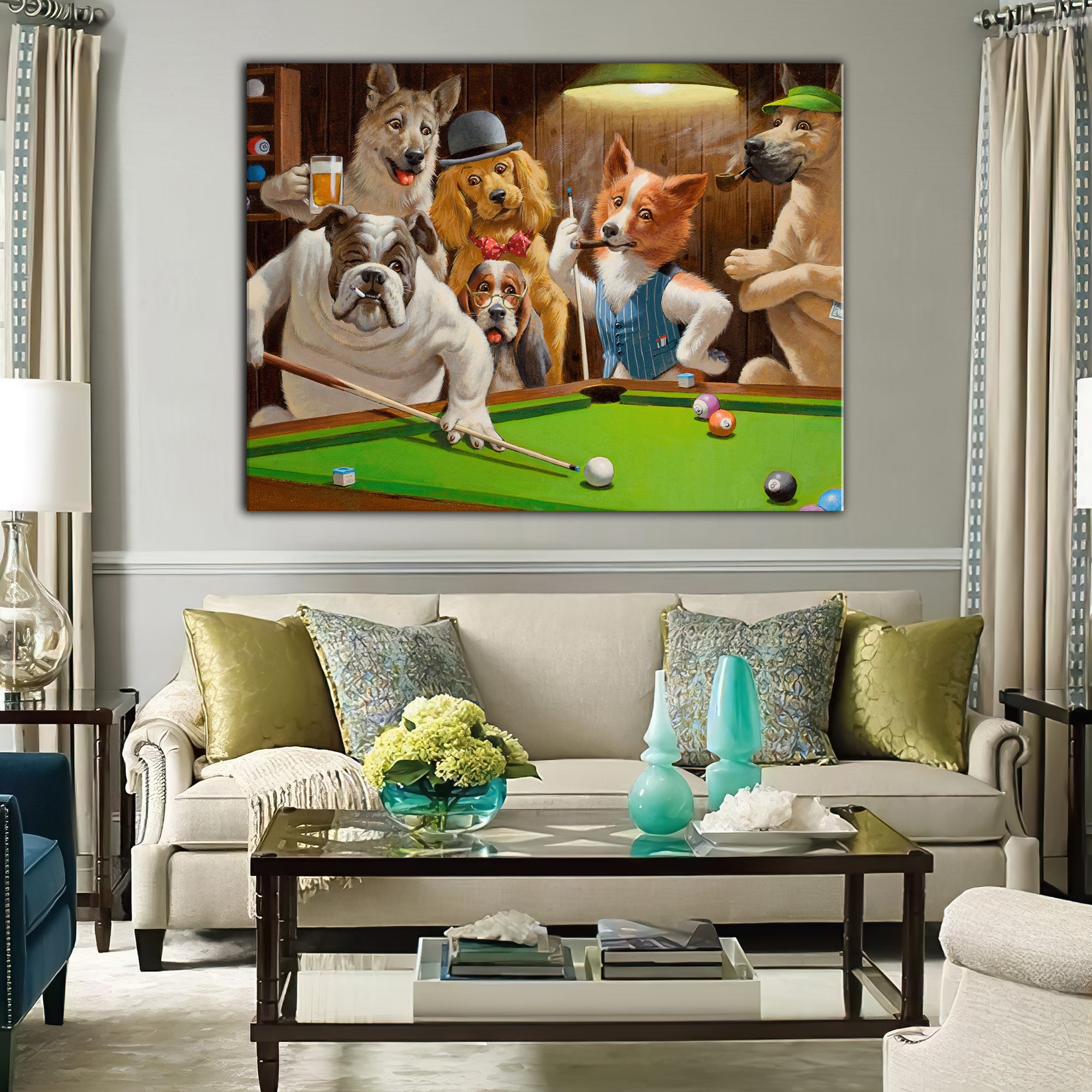 Funny Dogs Playing Billiard Living Room Pet Portrait Puppy 3D Print Horizontal Canvas Wall Art Pet Painting Artwork