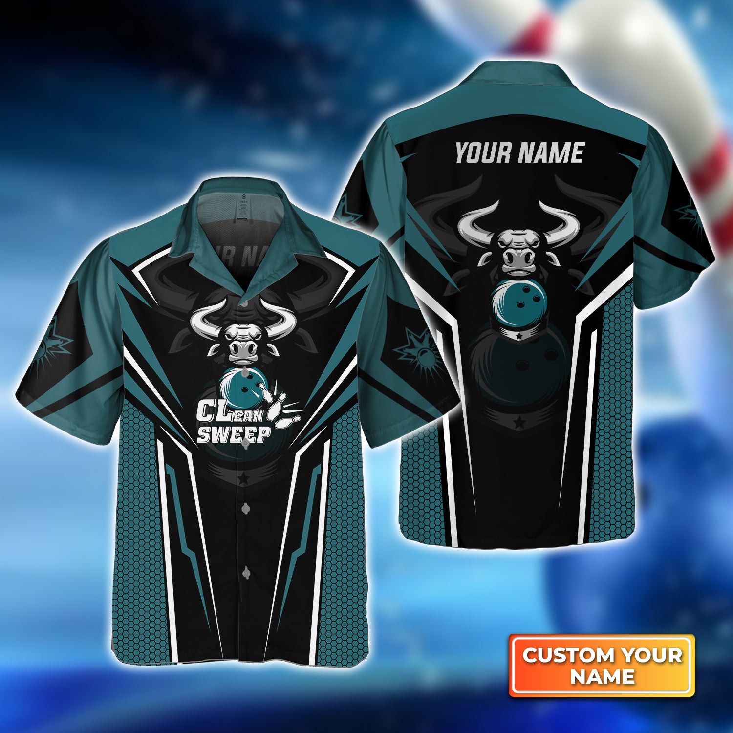 Bowling Bull Clean Sweep Turquoise Black Personalized Name 3D Hawaiian Shirt QB95