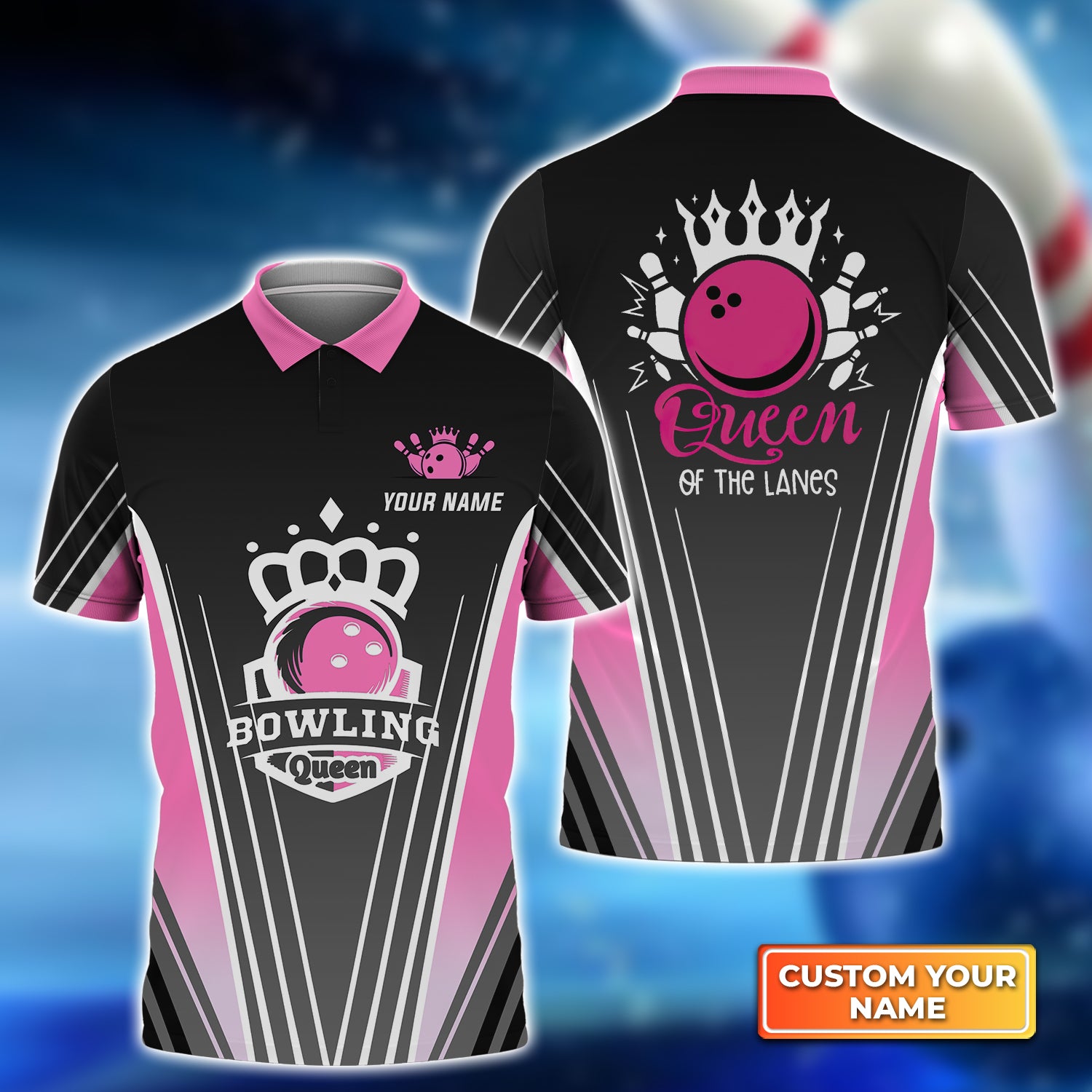 Pink Bowling Ball Queen Of The Lanes Personalized Name 3D Polo Shirt QB95 Gift For Bowler