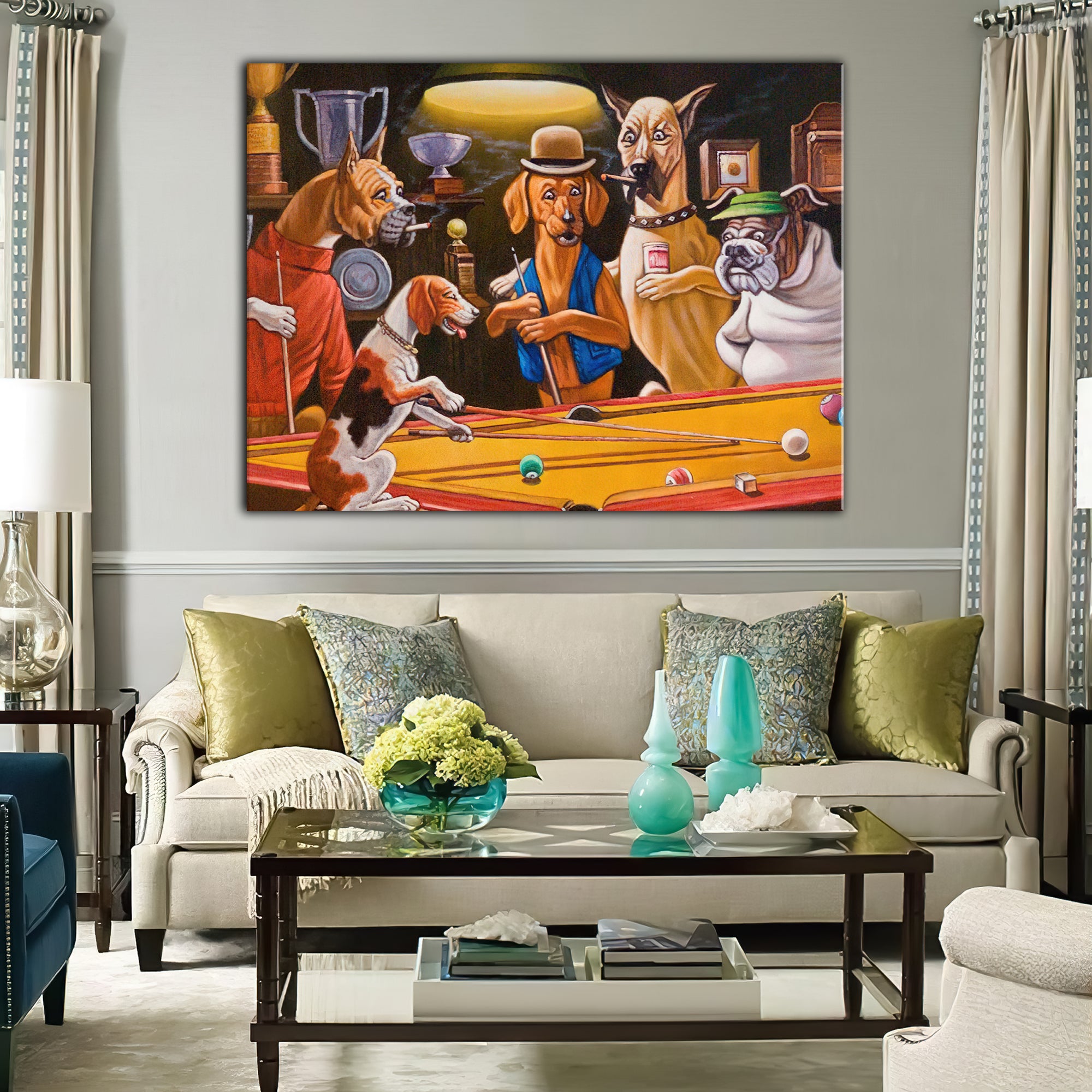 Dogs Playing Billiards Art Reproduction Horizontal Canvas